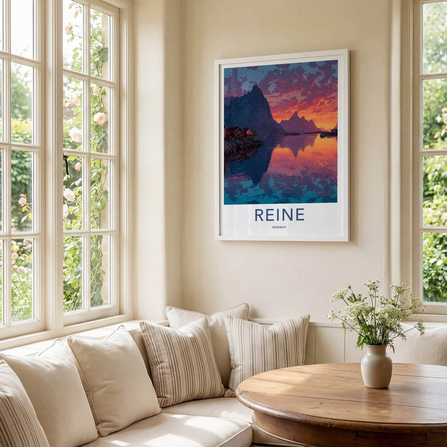 Reine Poster - Norway Travel Art - Orange Sky Fjord Lounge Decor