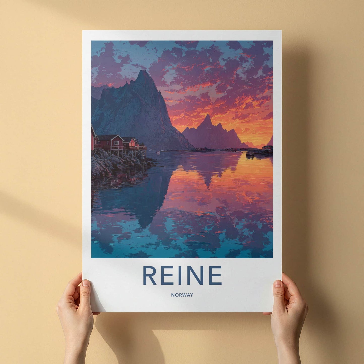 Reine Poster - Norway Travel Art - Orange Sky Fjord Lounge Decor