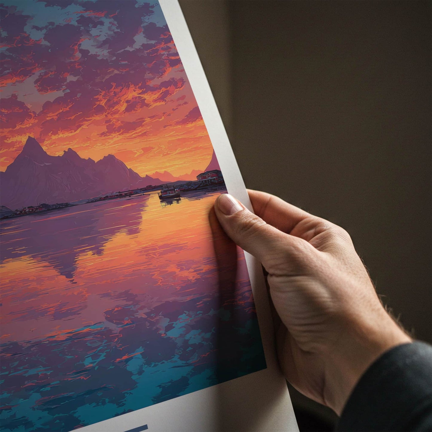 Reine Poster - Norway Travel Art - Orange Sky Fjord Lounge Decor