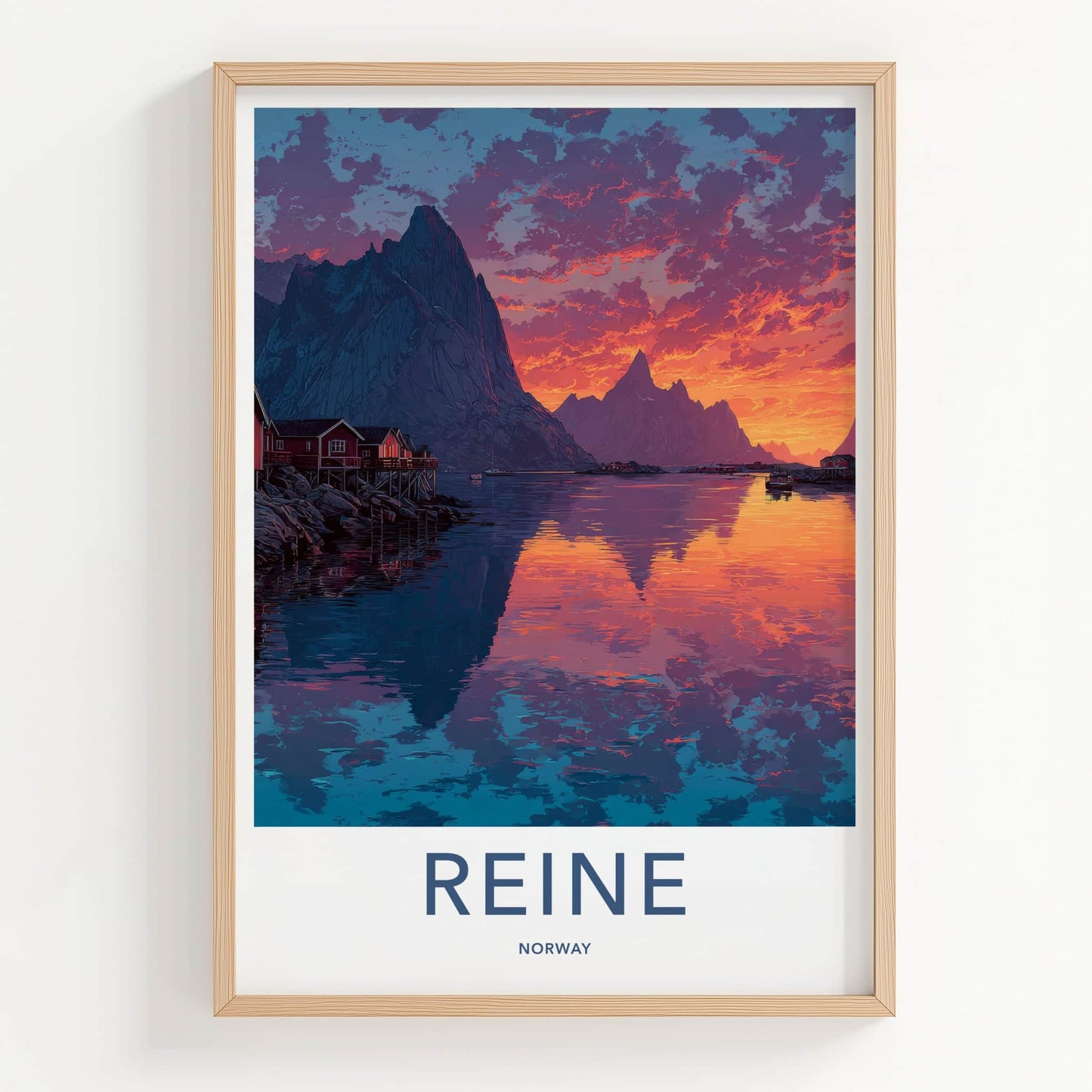 Reine Poster - Norway Travel Art - Orange Sky Fjord Lounge Decor