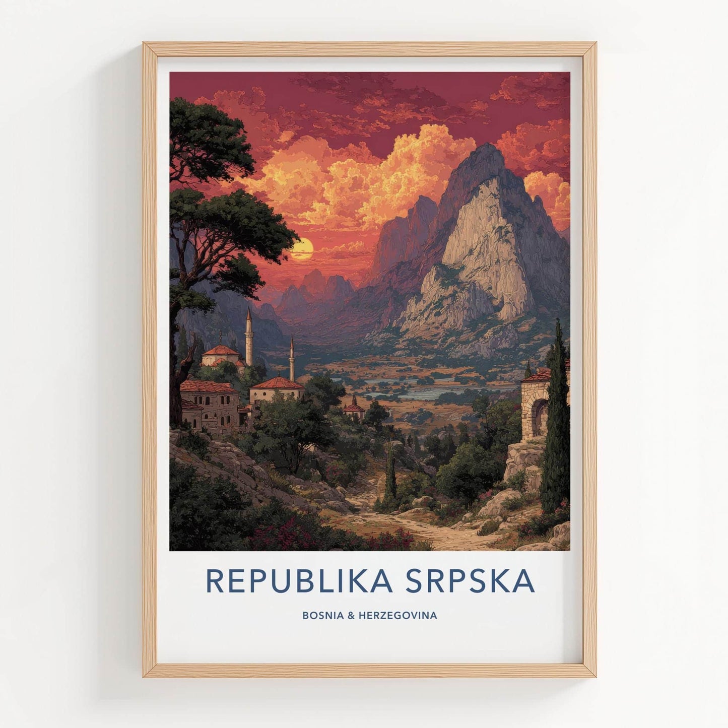 Republika Srpska Poster - Bosnia Herzegovina Art Print - Sunset Mountain Village Gift