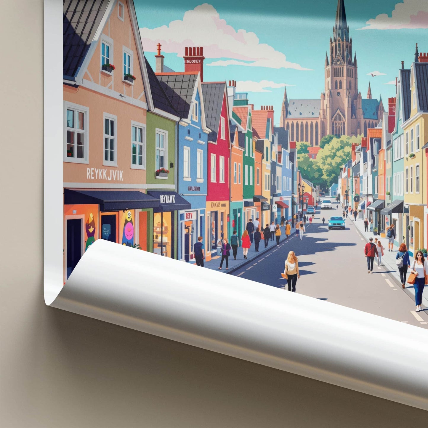 Reykjavik Poster - Iceland Travel Art - Colorful Street Church Home Decor