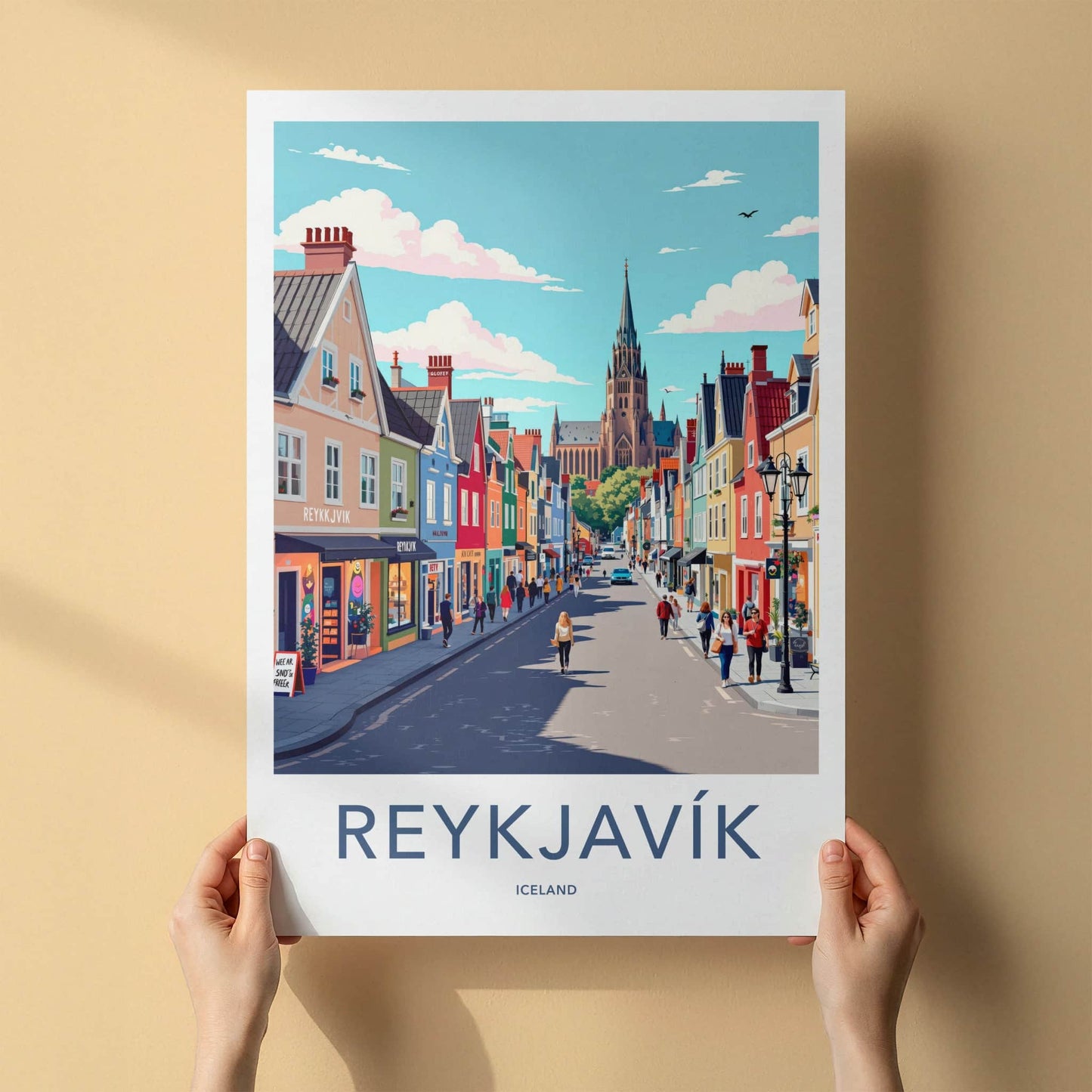 Reykjavik Poster - Iceland Travel Art - Colorful Street Church Home Decor