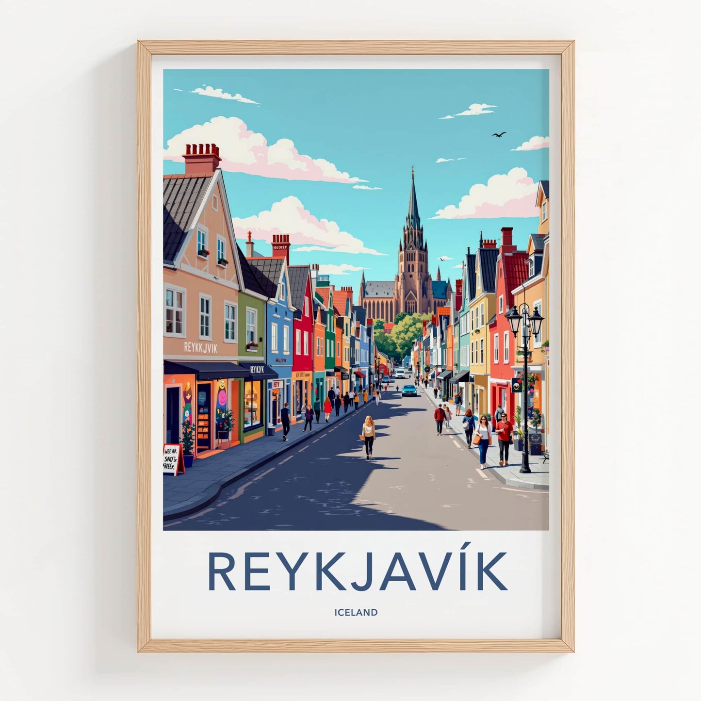 Reykjavik Poster - Iceland Travel Art - Colorful Street Church Home Decor