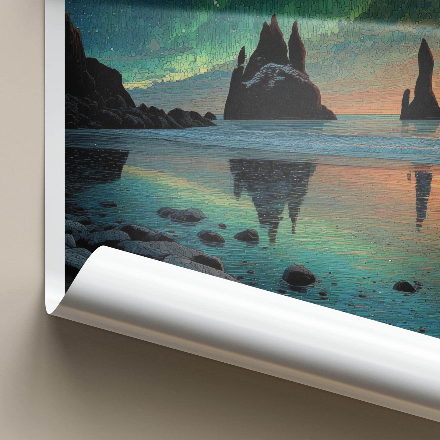 Reynisfjara Poster - Iceland Travel Art - Aurora Sea Stacks Home Decor