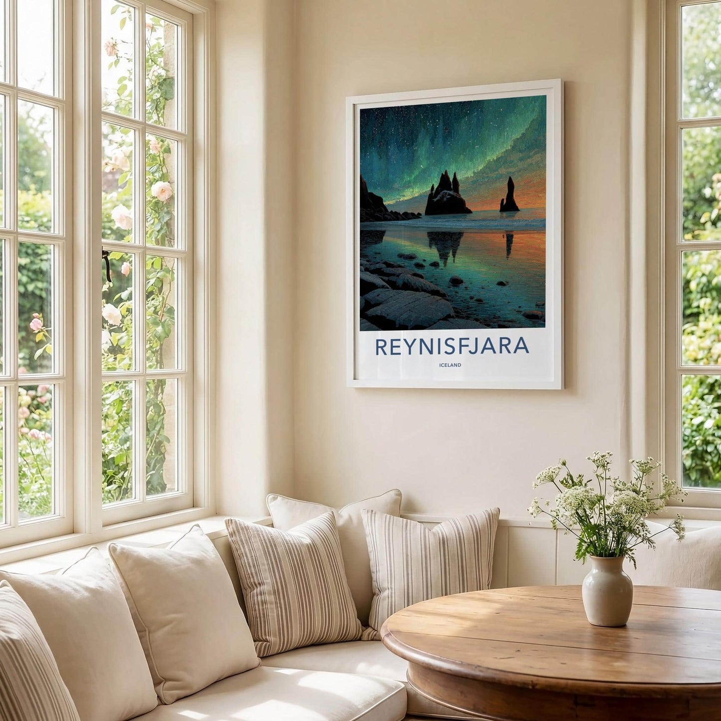 Reynisfjara Poster - Iceland Travel Art - Aurora Sea Stacks Home Decor