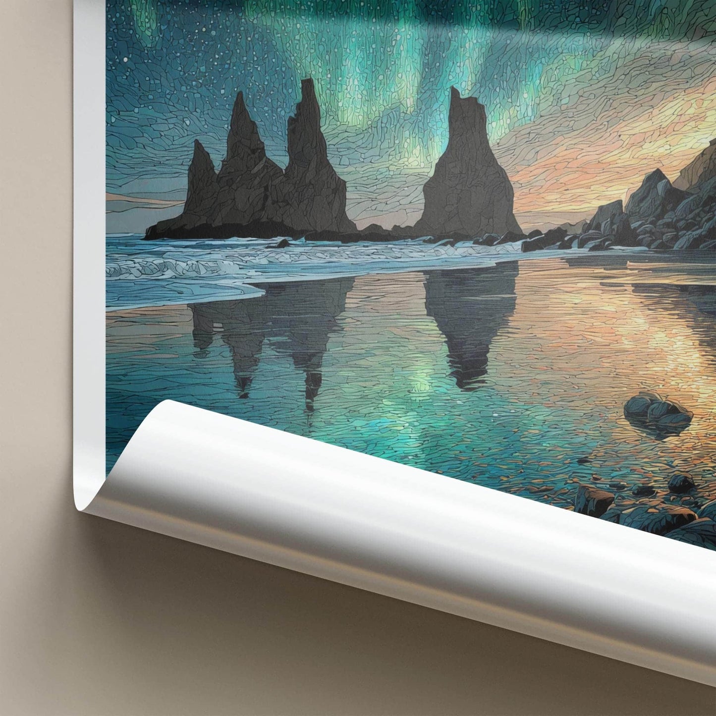 Reynisfjara Poster - Iceland Travel Art - Green Aurora Reflection Home Decor