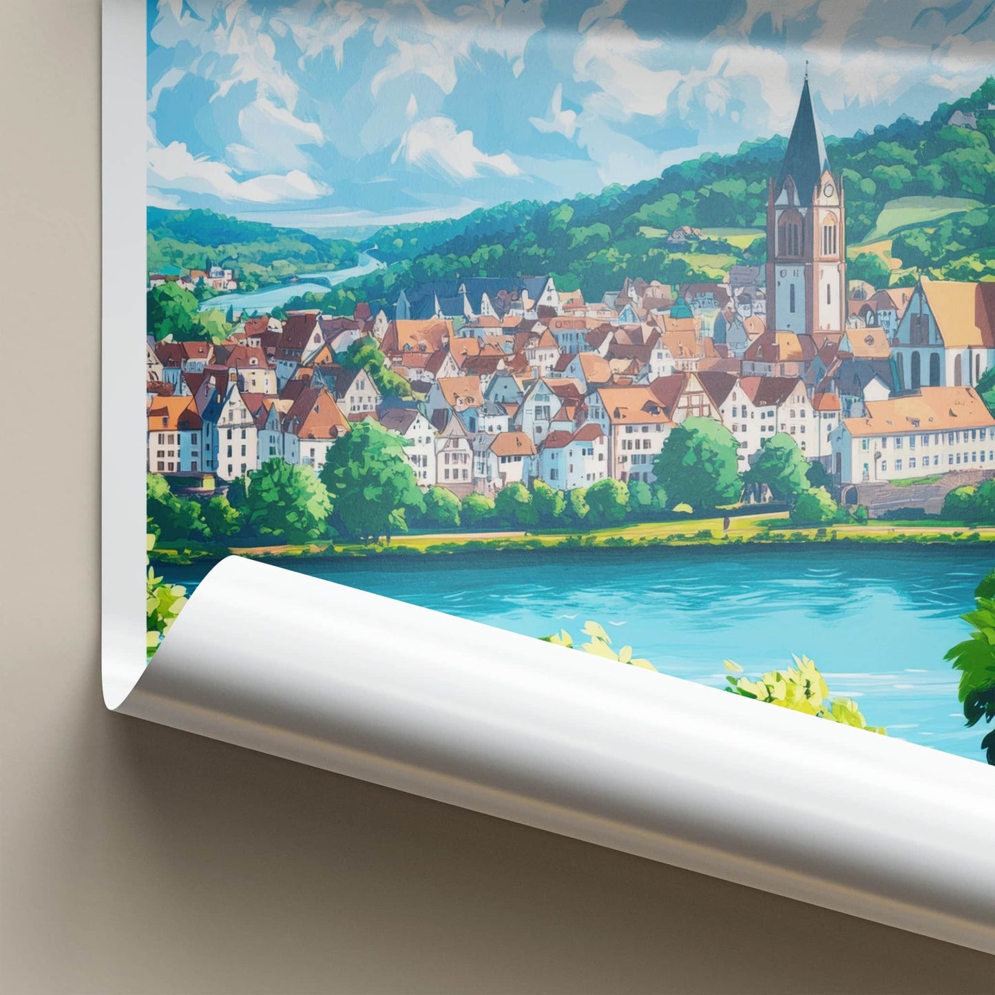 Rheinberg Poster - Germany Travel Art - River Town Church Home Decor