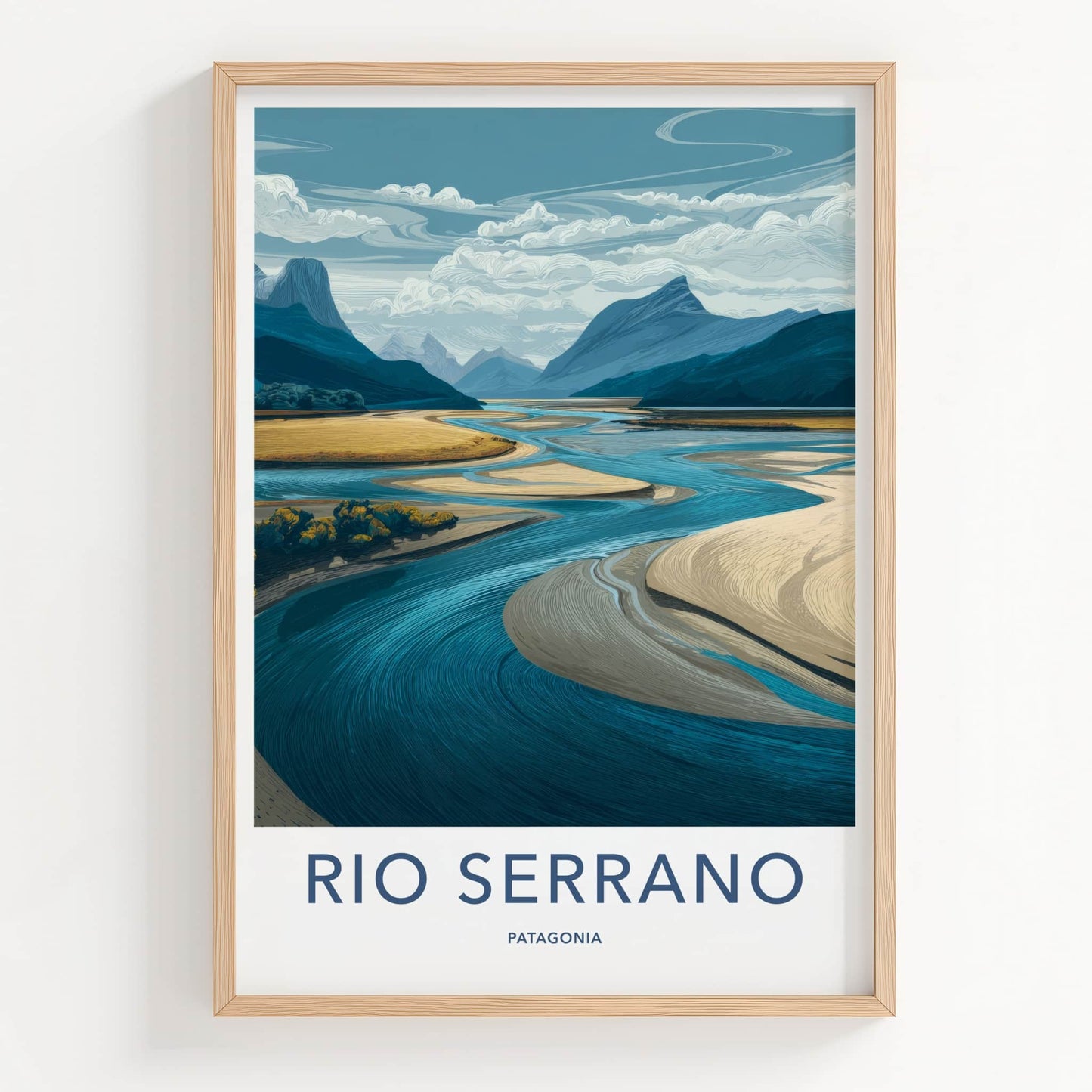 Rio Serrano Poster - Chile Travel Art - Winding River Blue Walls Home Decor