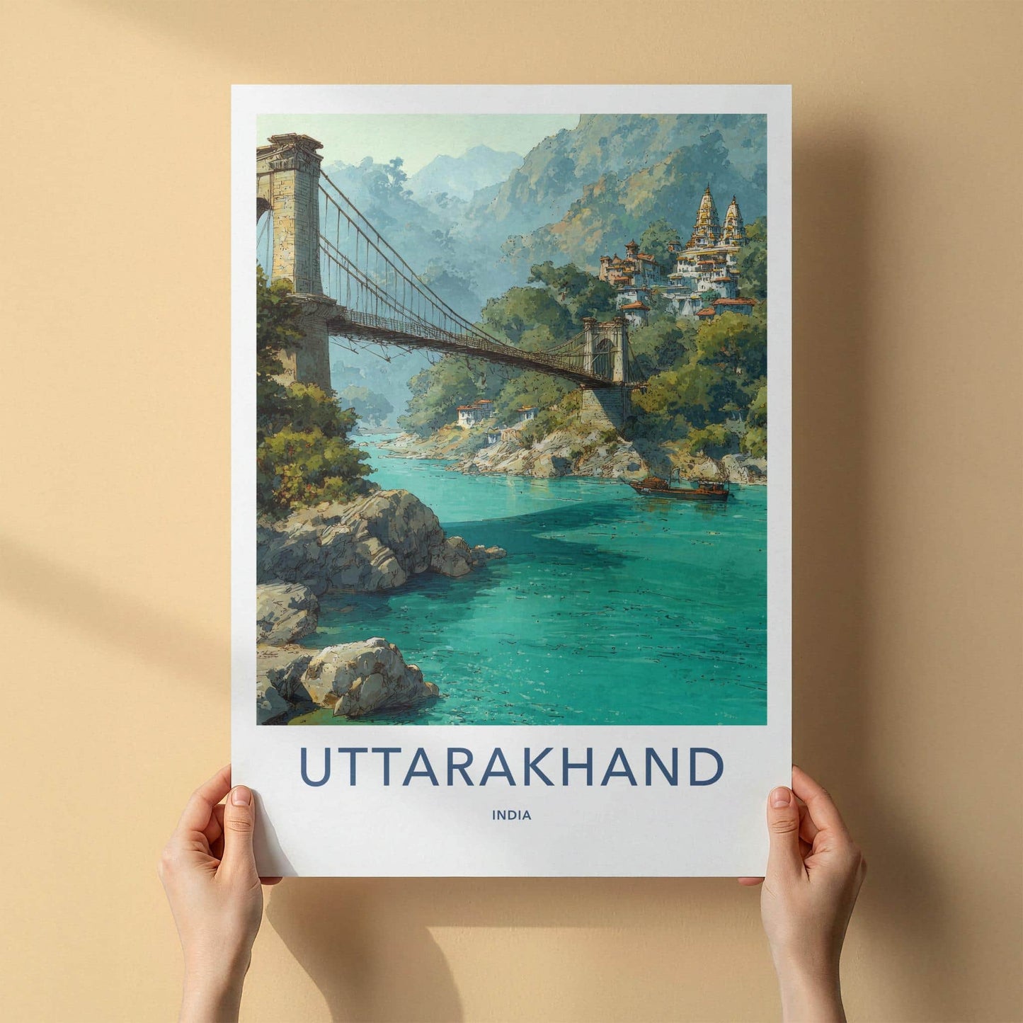 Rishikesh Poster - India Art Print - Uttarakhand Bridge Temples Ganges Home Decor