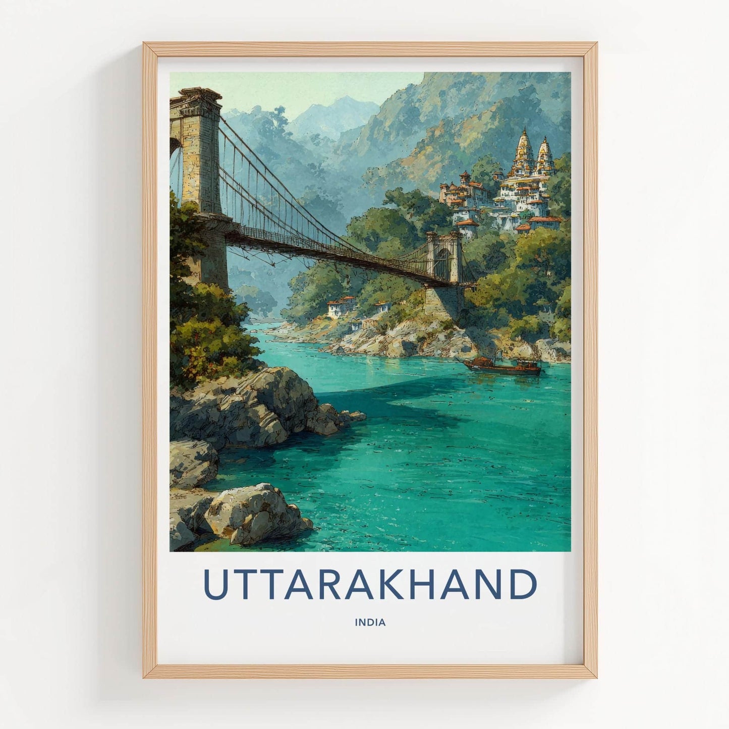 Rishikesh Poster - India Art Print - Uttarakhand Bridge Temples Ganges Home Decor
