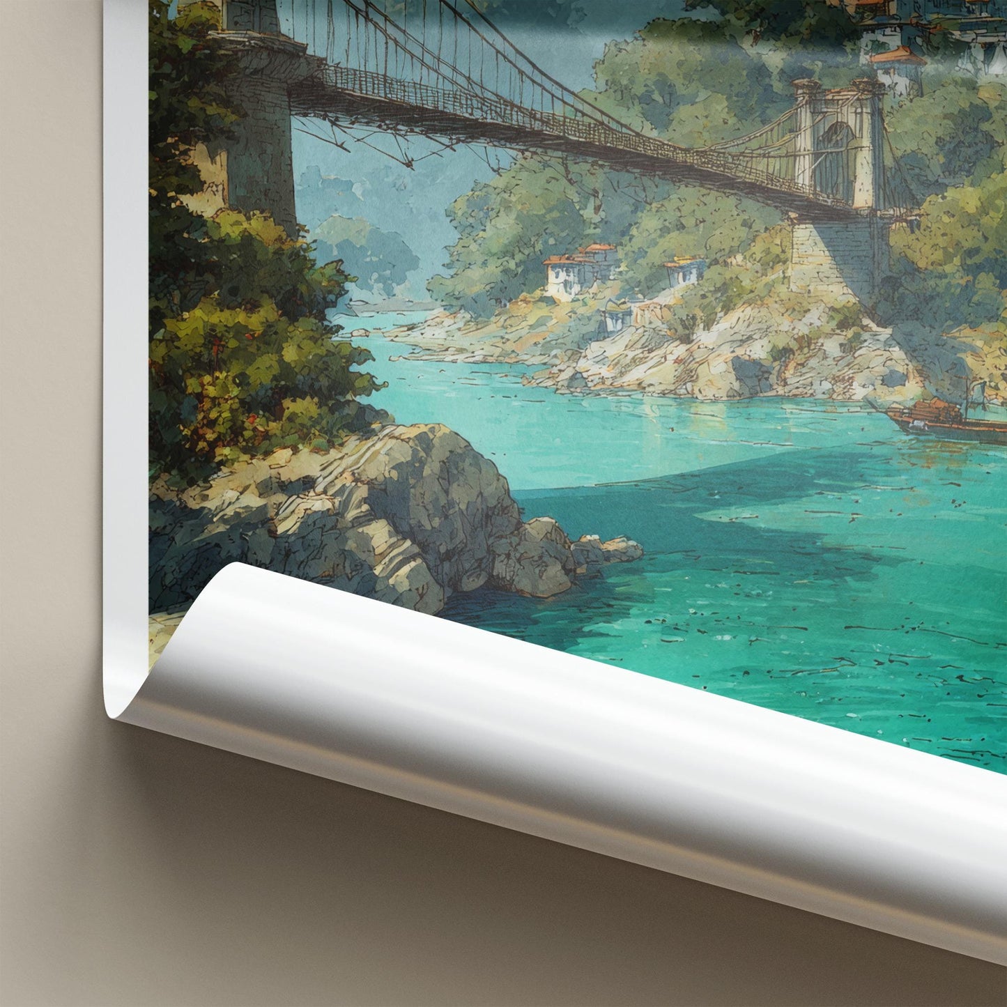 Rishikesh Poster - India Art Print - Uttarakhand Bridge Temples Ganges Home Decor