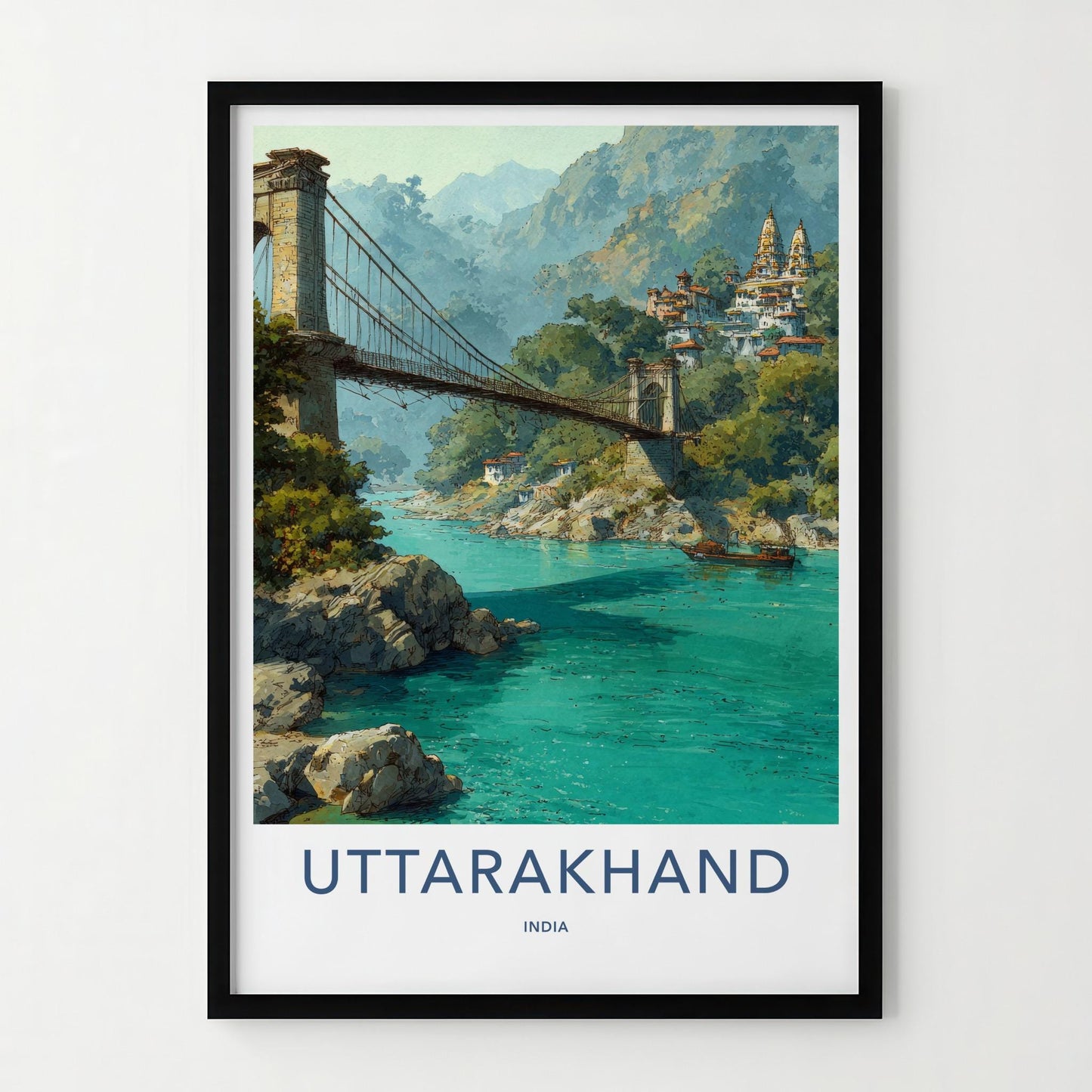 Rishikesh Poster - India Art Print - Uttarakhand Bridge Temples Ganges Home Decor