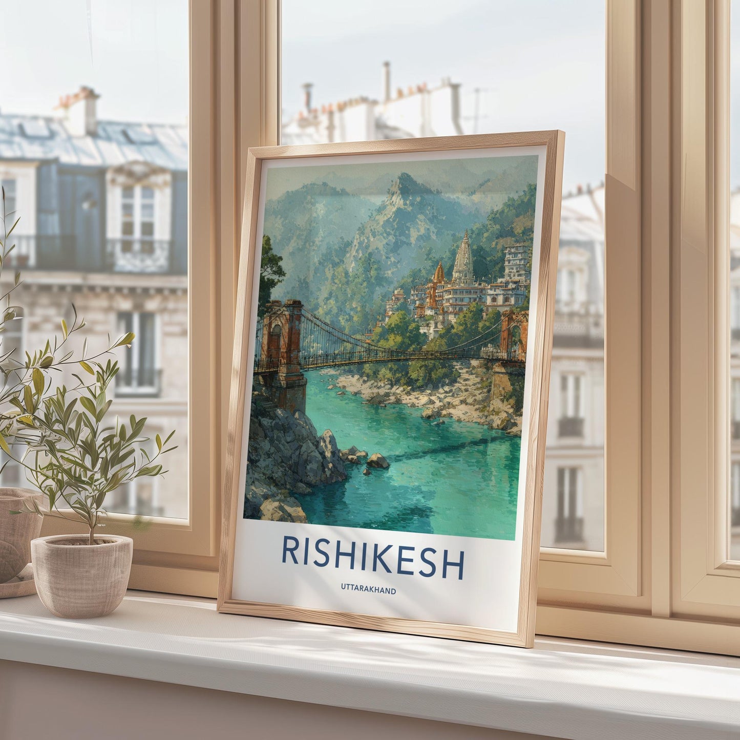 Rishikesh Poster - India Travel Art - Uttarakhand Temple Bridge Home Decor