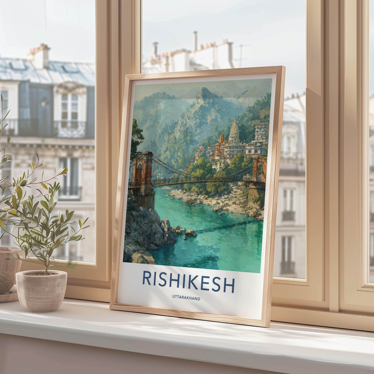 Rishikesh Poster - India Travel Art - Uttarakhand Temple Bridge Home Decor