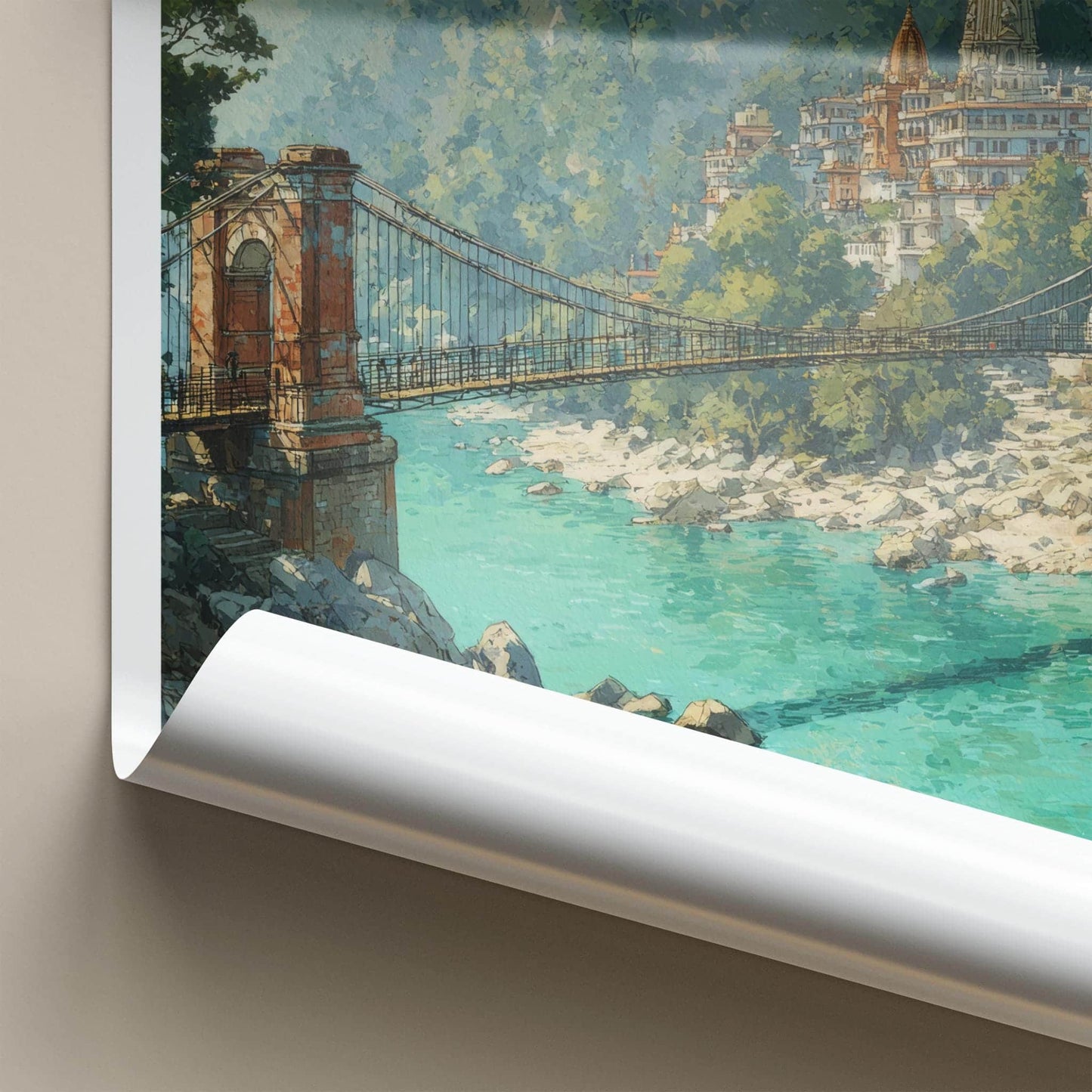 Rishikesh Poster - India Travel Art - Uttarakhand Temple Bridge Home Decor