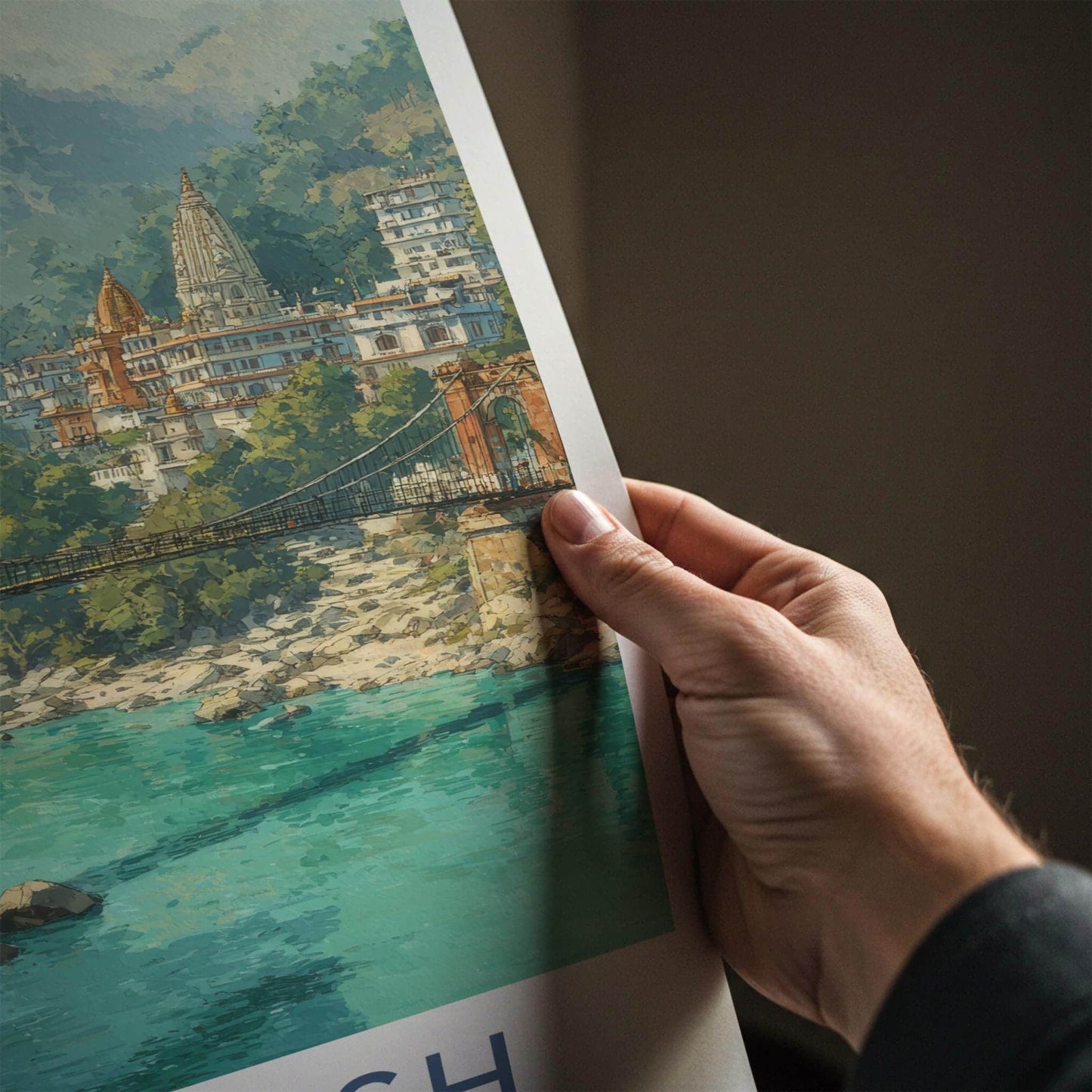 Rishikesh Poster - India Travel Art - Uttarakhand Temple Bridge Home Decor