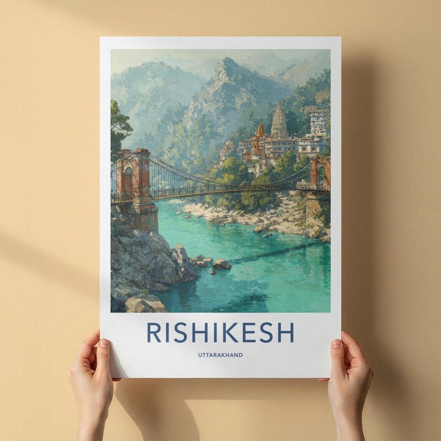 Rishikesh Poster - India Travel Art - Uttarakhand Temple Bridge Home Decor