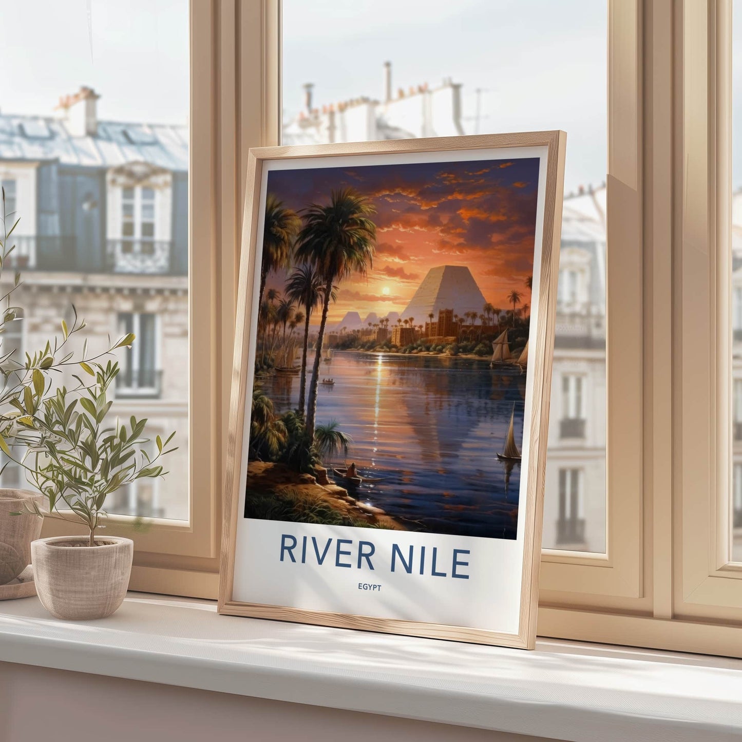 River Nile Poster - Egypt Travel Art - Sunset Pyramids Palms Home Decor