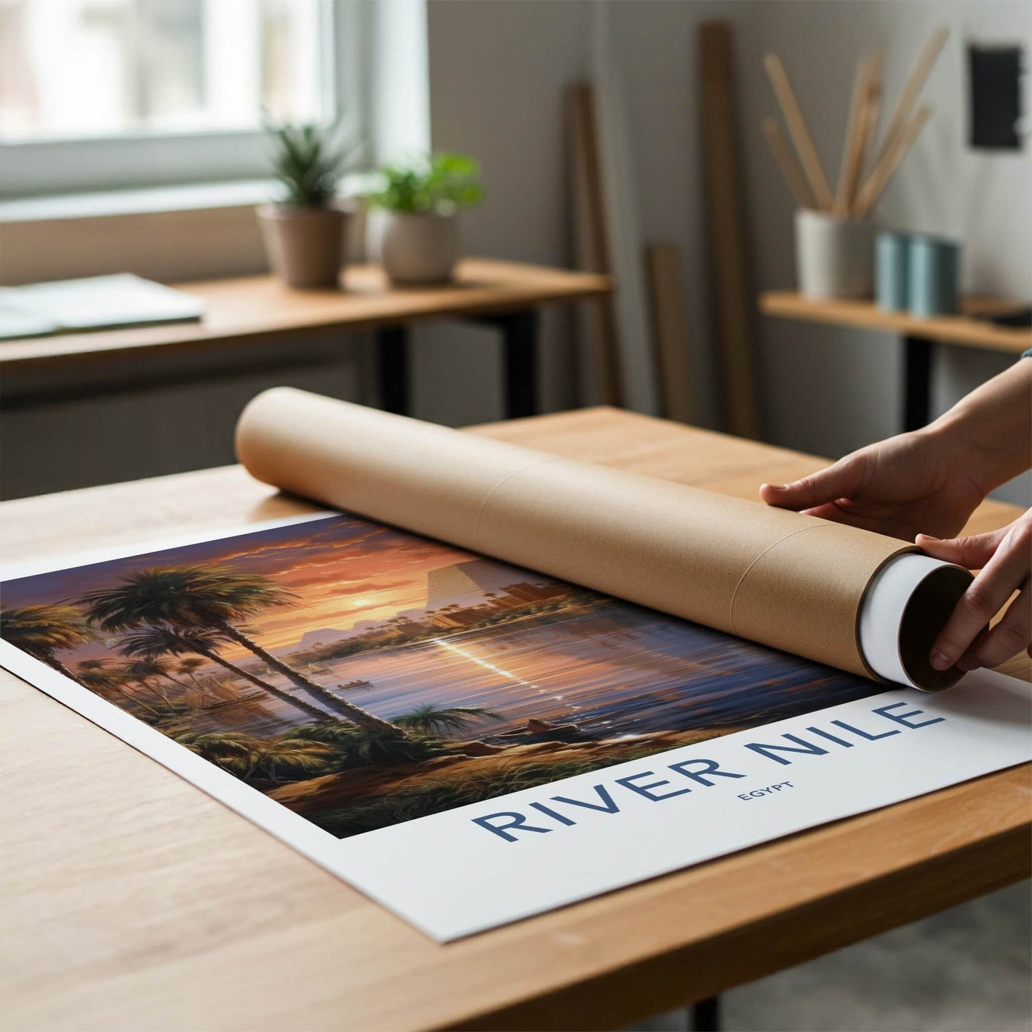 River Nile Poster - Egypt Travel Art - Sunset Pyramids Palms Home Decor