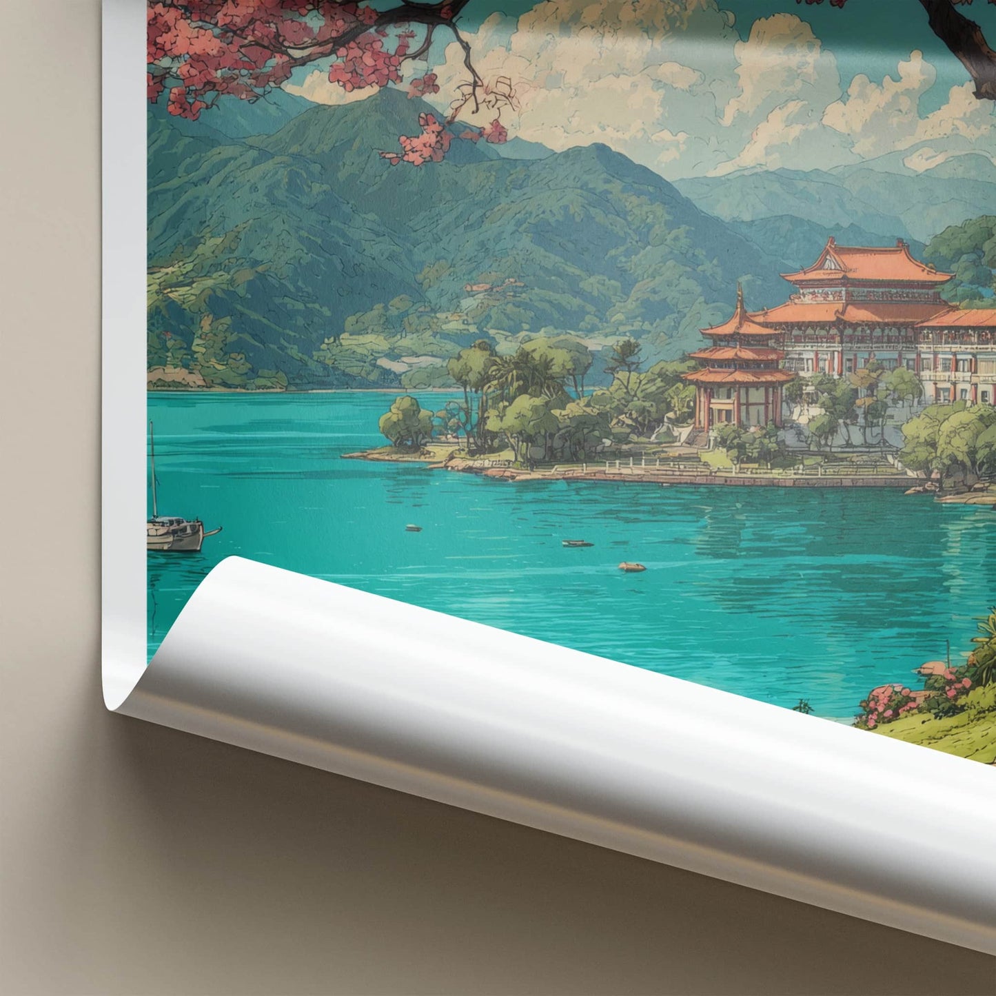 Riyue Tan Poster - Taiwan Framed Art - Cherry Blossom Temple Gift