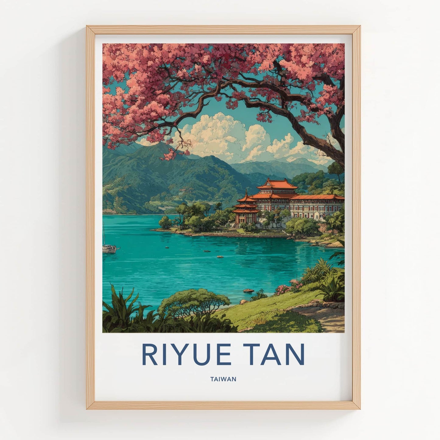 Riyue Tan Poster - Taiwan Framed Art - Cherry Blossom Temple Gift