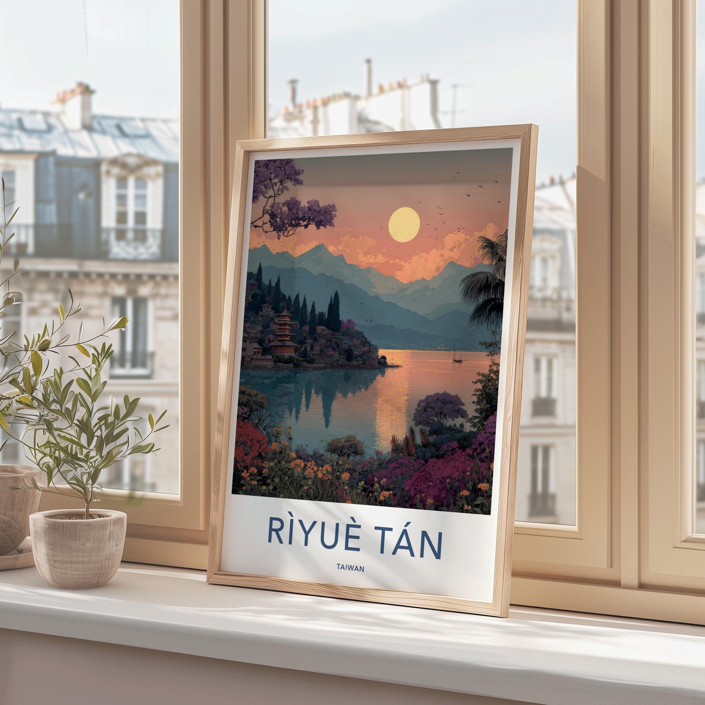 Riyue Tan Poster - Taiwan Travel Art - Vibrant Lakeside Pagoda Home Decor