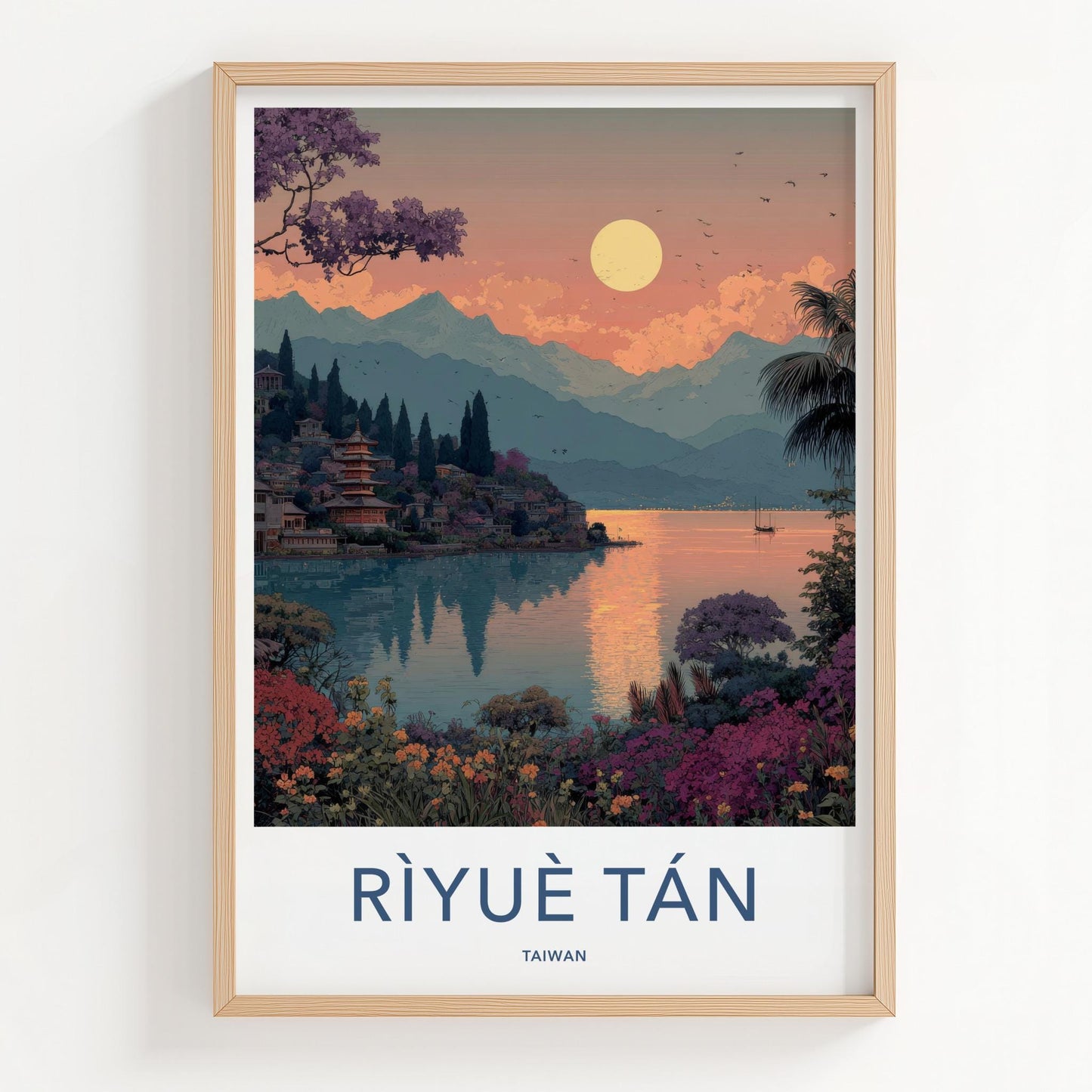 Riyue Tan Poster - Taiwan Travel Art - Vibrant Lakeside Pagoda Home Decor