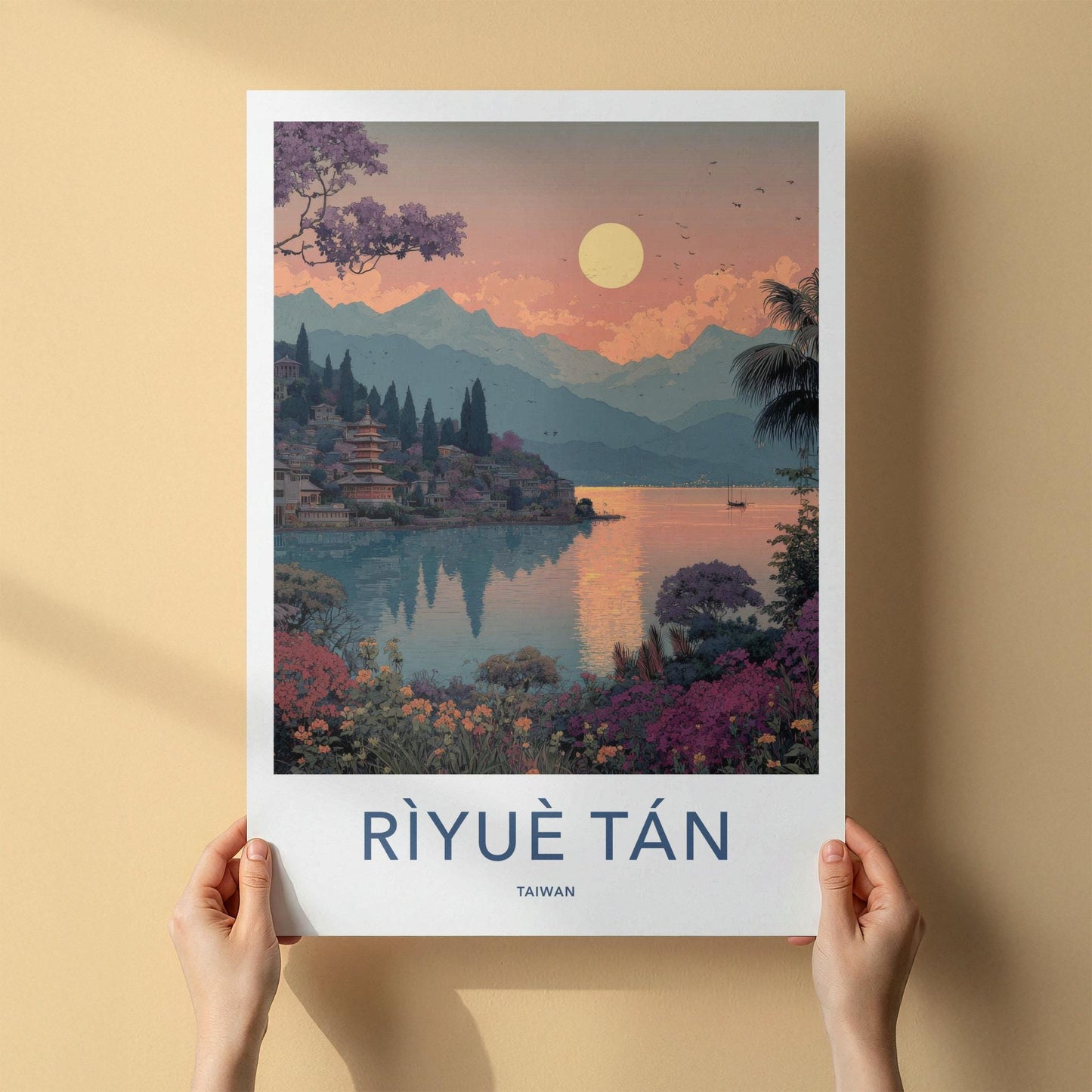 Riyue Tan Poster - Taiwan Travel Art - Vibrant Lakeside Pagoda Home Decor
