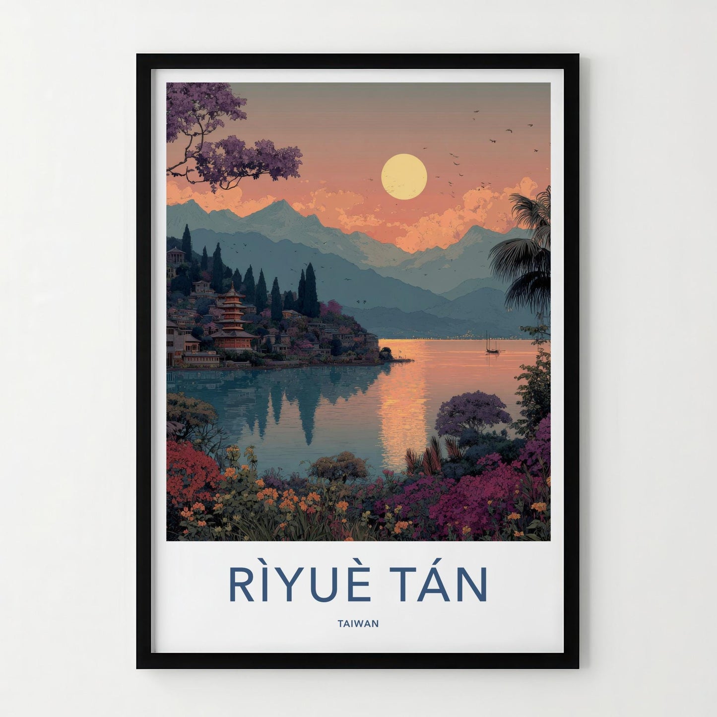 Riyue Tan Poster - Taiwan Travel Art - Vibrant Lakeside Pagoda Home Decor
