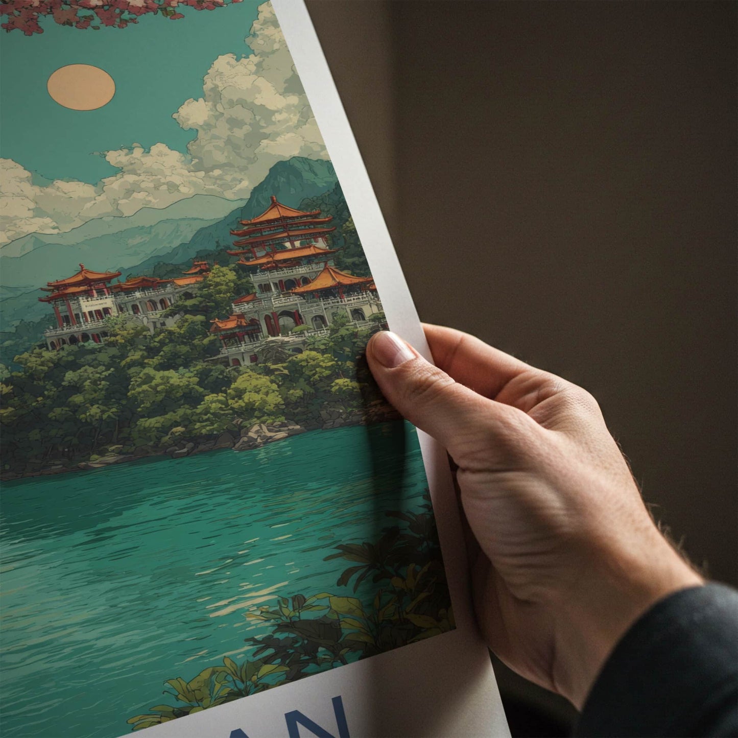 Riyue Tan Poster - Taiwan Travel Print - Lakeside Temple Pagodas Home Art
