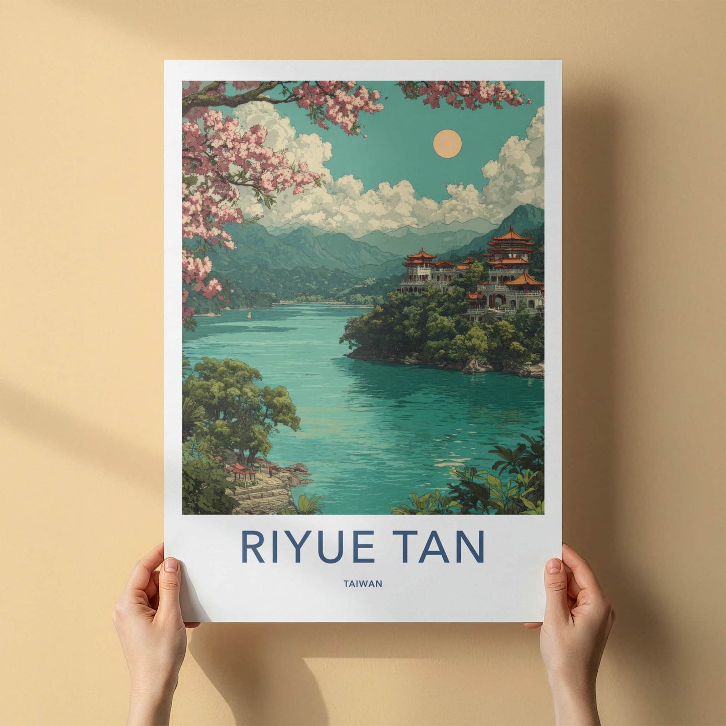 Riyue Tan Poster - Taiwan Travel Print - Lakeside Temple Pagodas Home Art