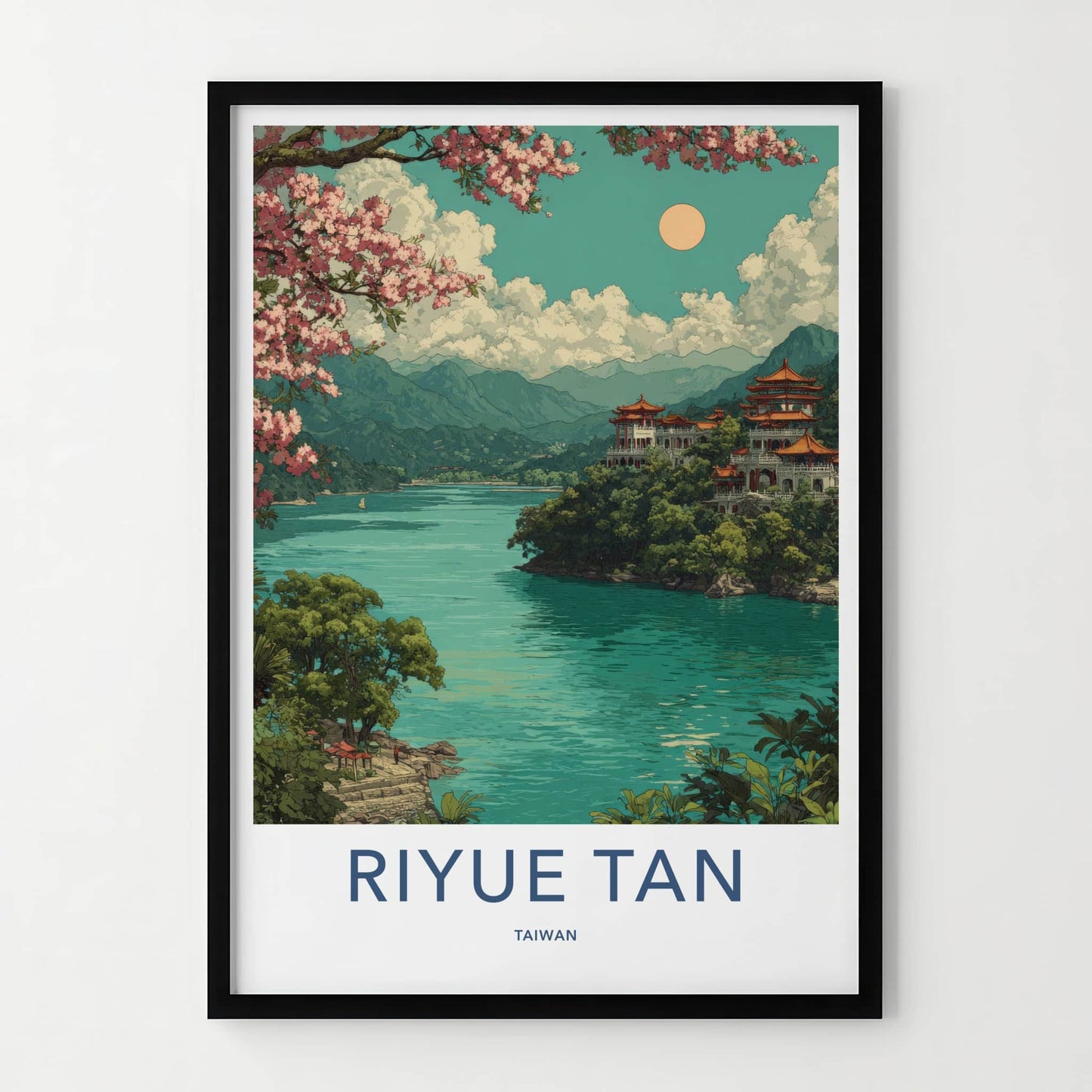 Riyue Tan Poster - Taiwan Travel Print - Lakeside Temple Pagodas Home Art