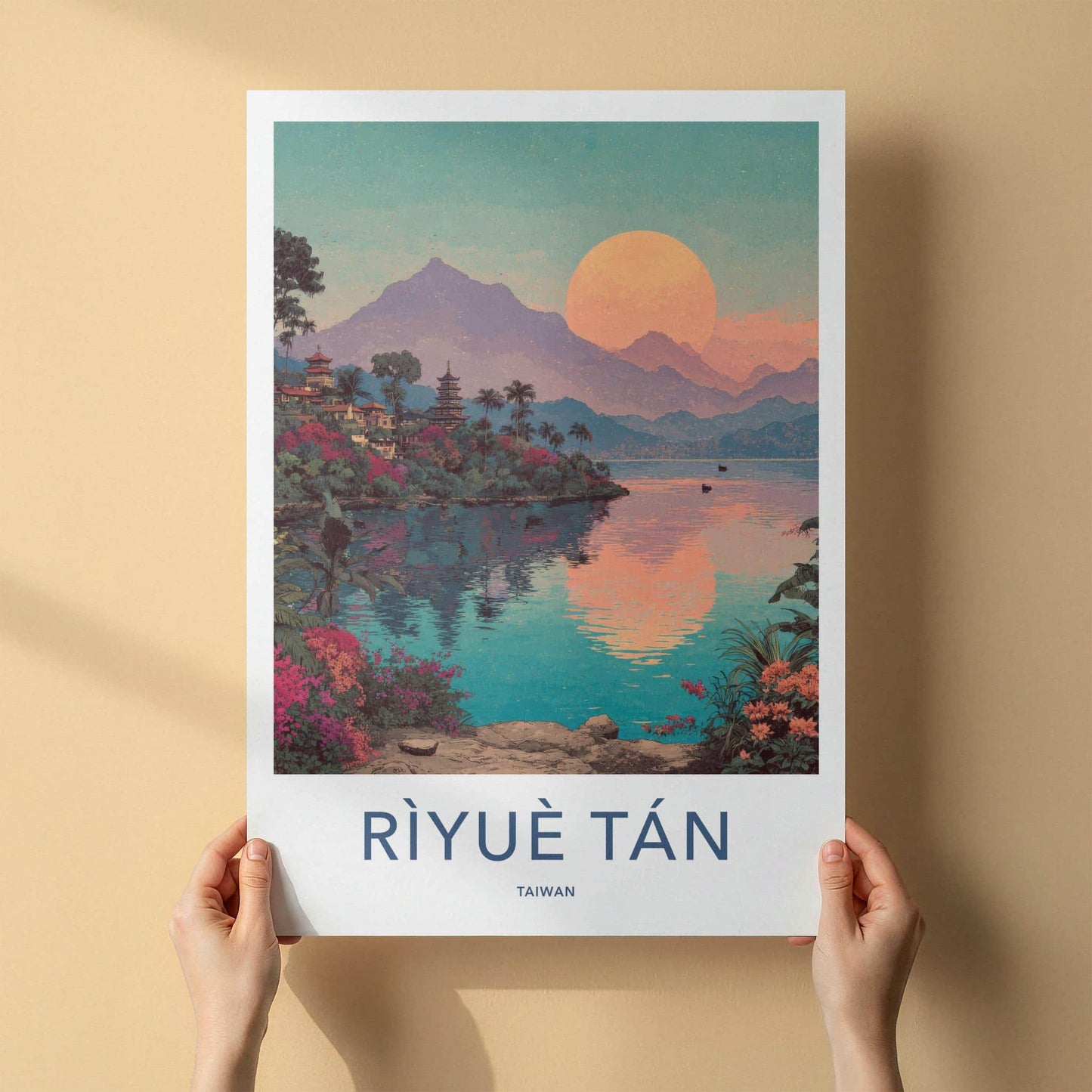 Riyue Tan Poster - Taiwan Wall Art - Pagoda Sunset Lake Home Decor