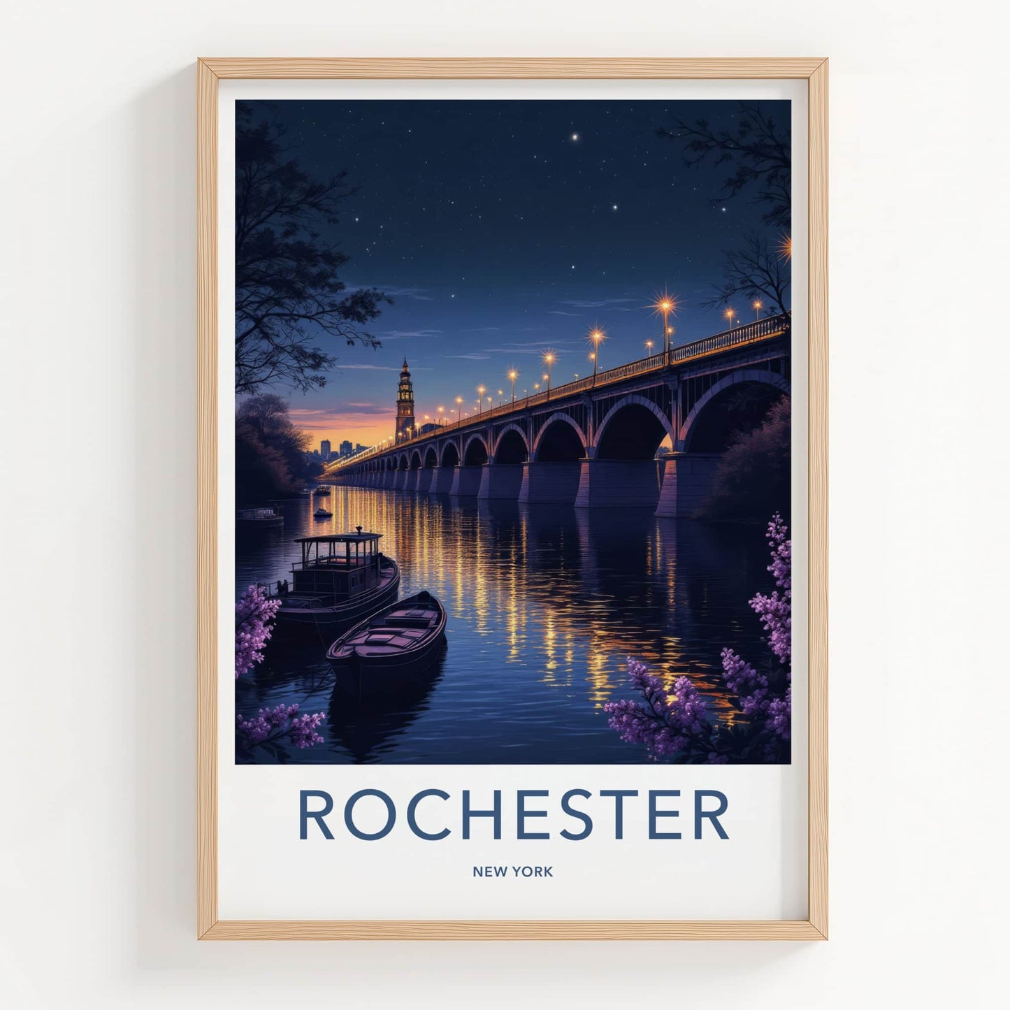 Rochester Poster - New York Art Print - Luminous Bridge Boats Wall Decor