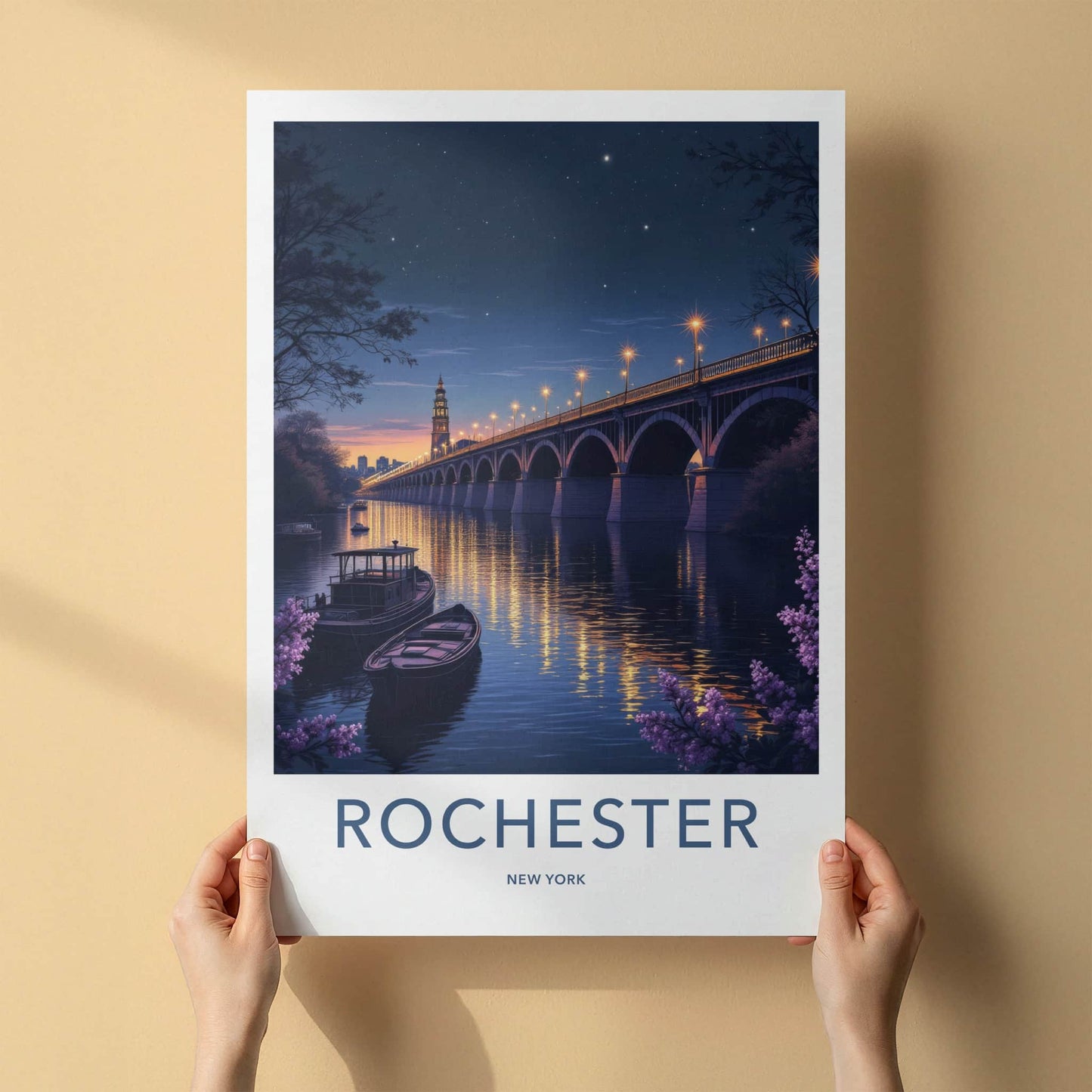 Rochester Poster - New York Art Print - Luminous Bridge Boats Wall Decor