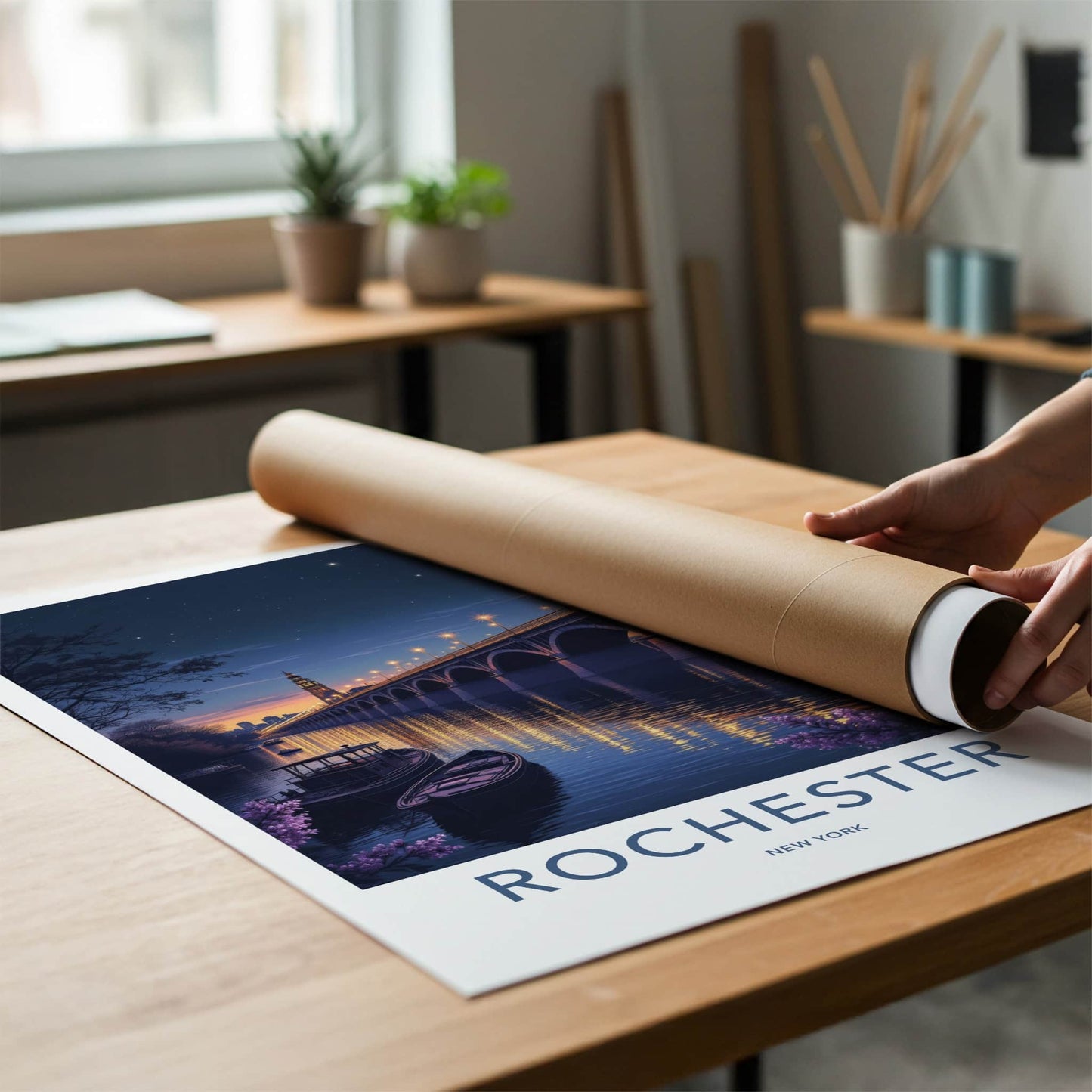 Rochester Poster - New York Art Print - Luminous Bridge Boats Wall Decor