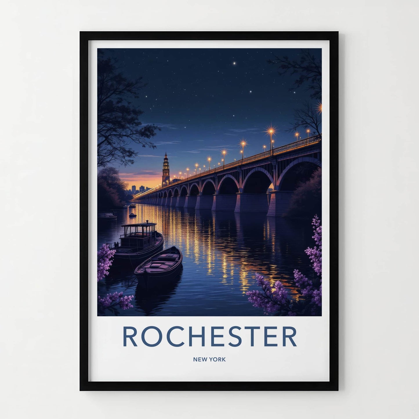 Rochester Poster - New York Art Print - Luminous Bridge Boats Wall Decor