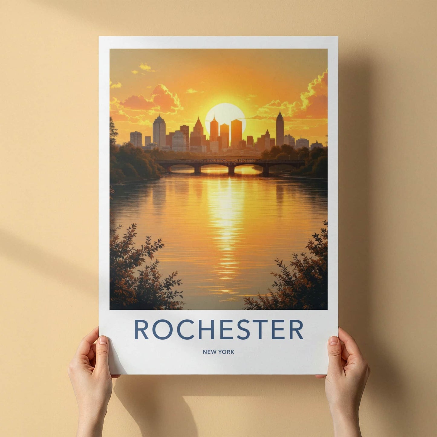 Rochester Poster - New York Travel Art - Golden River Skyline Home Decor