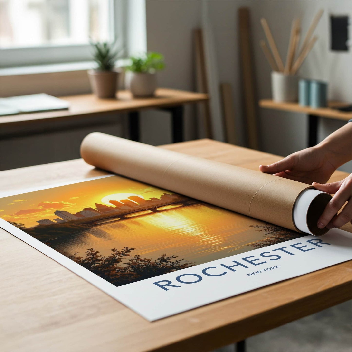 Rochester Poster - New York Travel Art - Golden River Skyline Home Decor