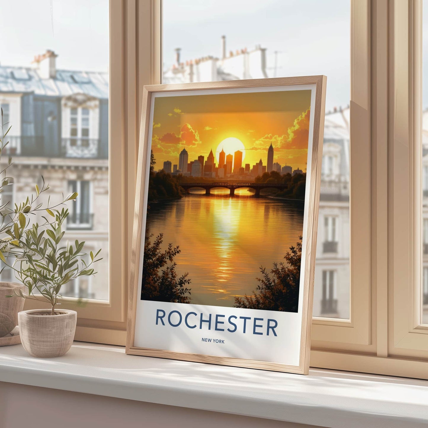Rochester Poster - New York Travel Art - Golden River Skyline Home Decor
