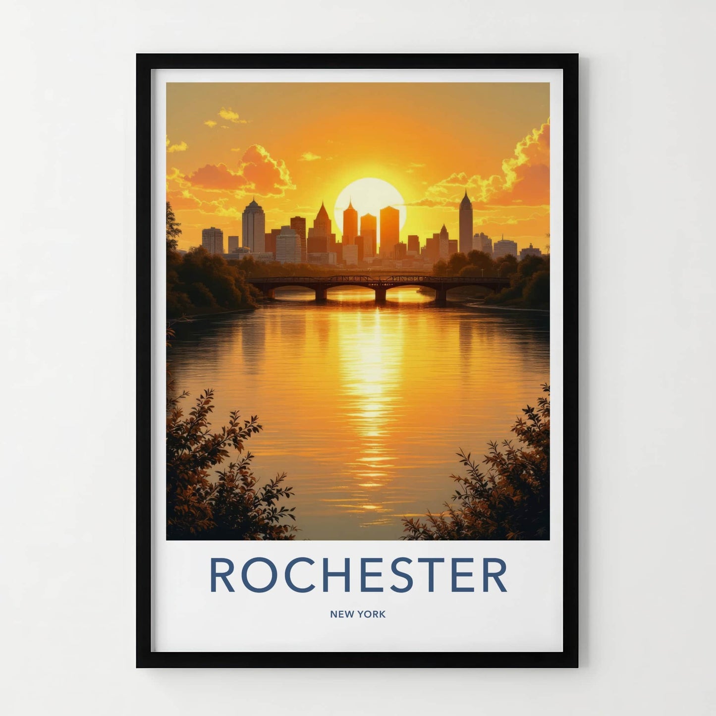 Rochester Poster - New York Travel Art - Golden River Skyline Home Decor