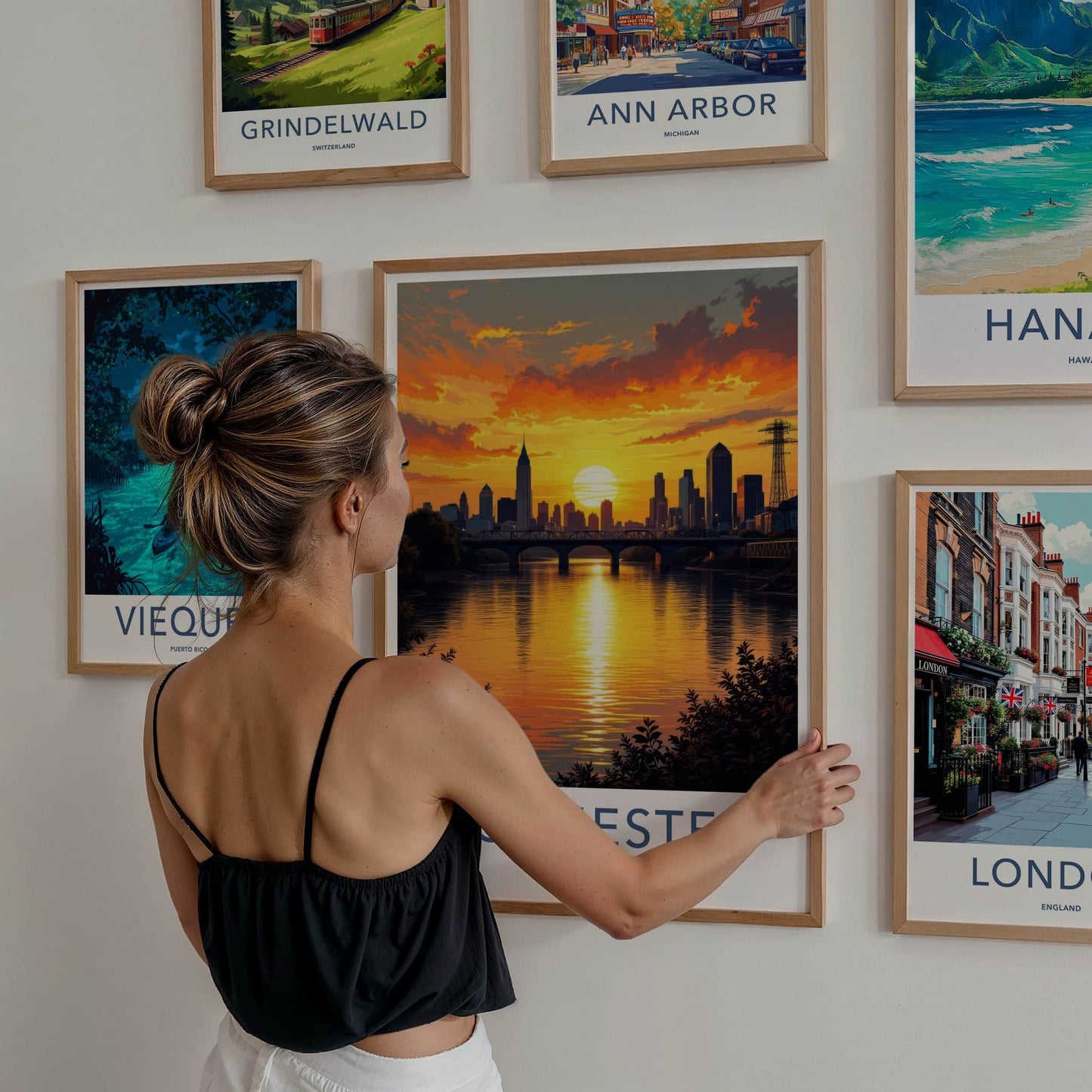 Rochester Poster - New York Travel Art - Golden River Sunset Home Decor