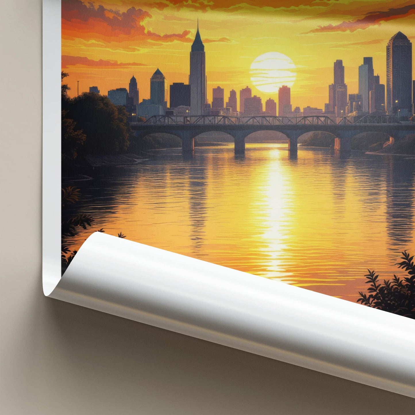 Rochester Poster - New York Travel Art - Golden River Sunset Home Decor