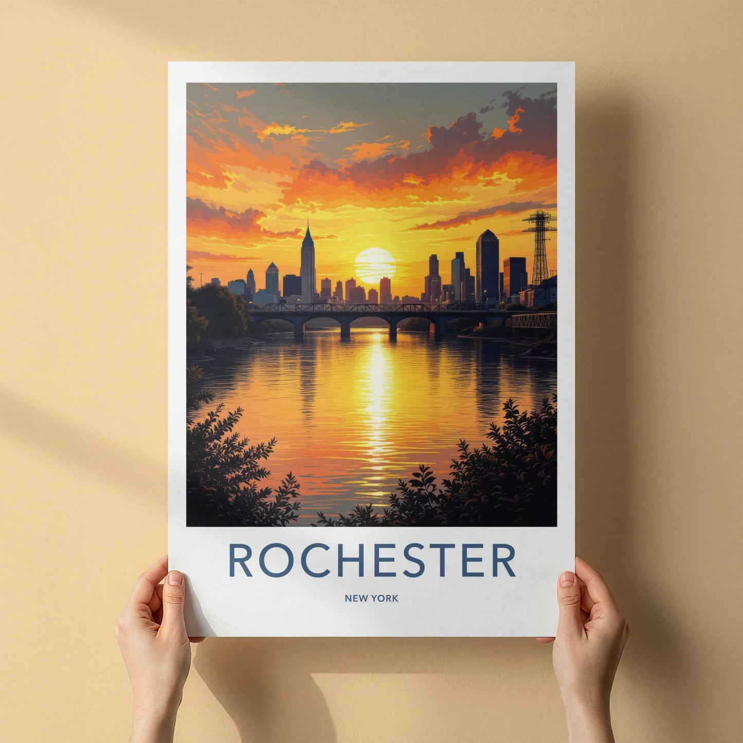Rochester Poster - New York Travel Art - Golden River Sunset Home Decor