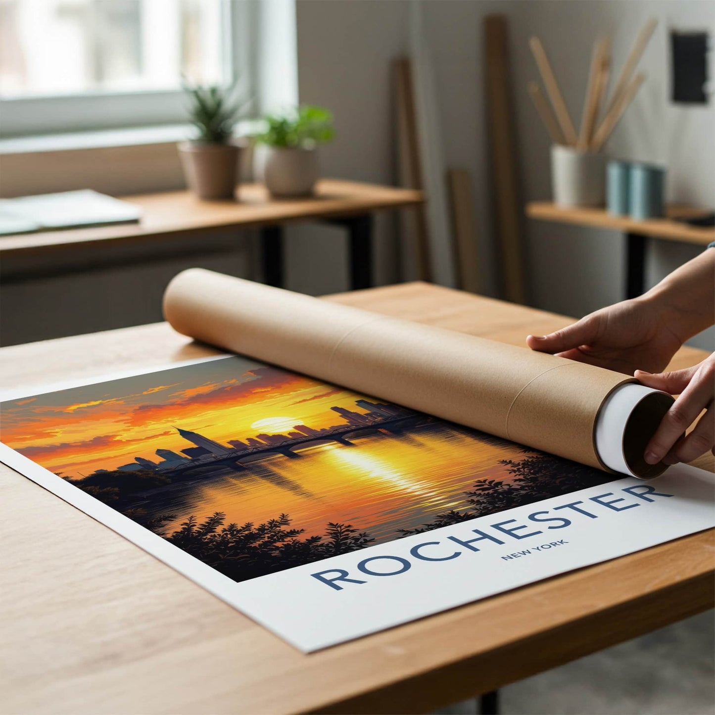 Rochester Poster - New York Travel Art - Golden River Sunset Home Decor