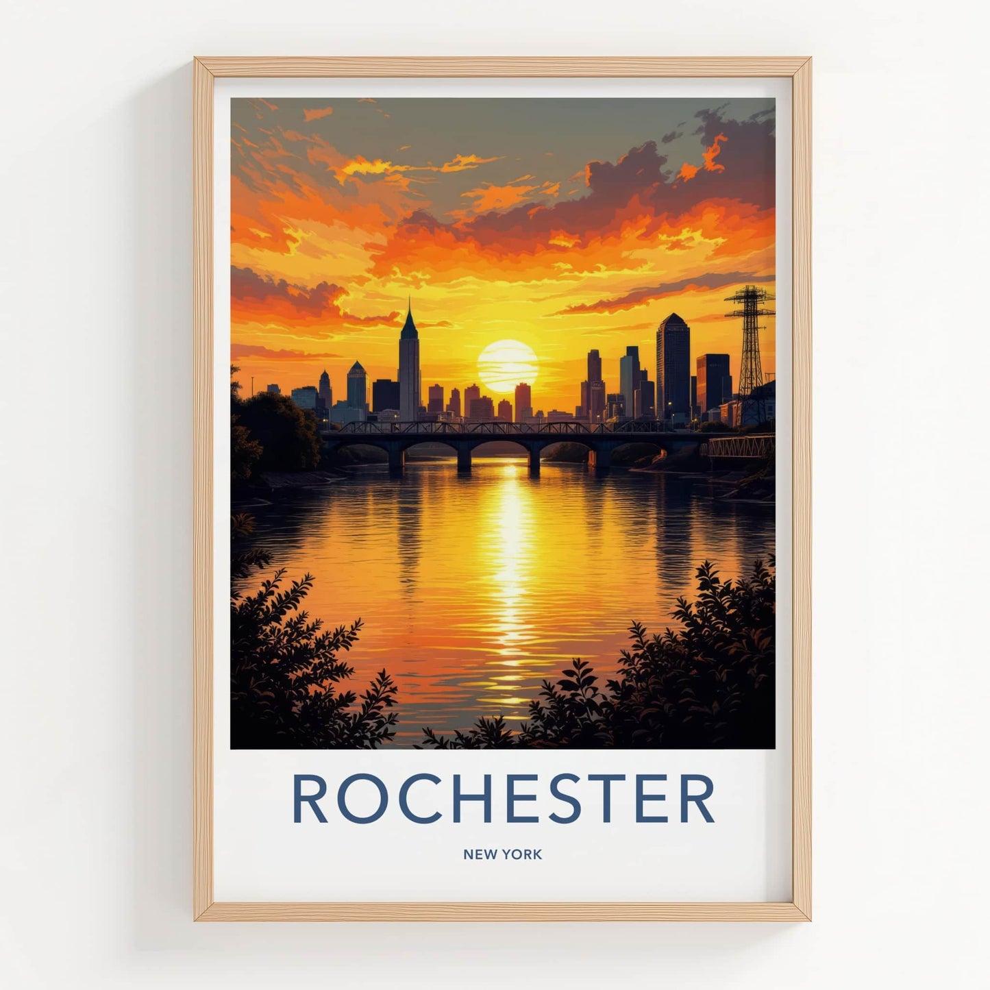 Rochester Poster - New York Travel Art - Golden River Sunset Home Decor