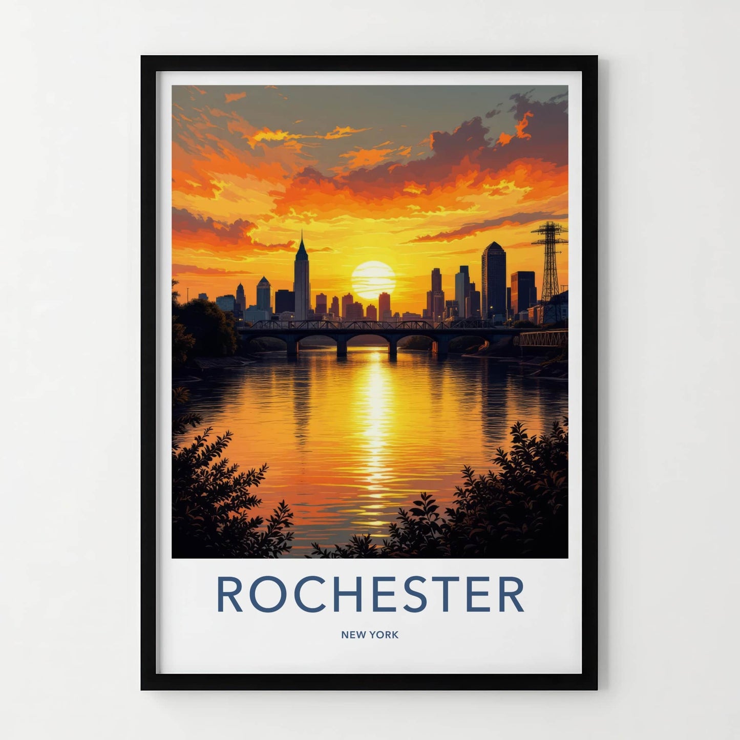 Rochester Poster - New York Travel Art - Golden River Sunset Home Decor