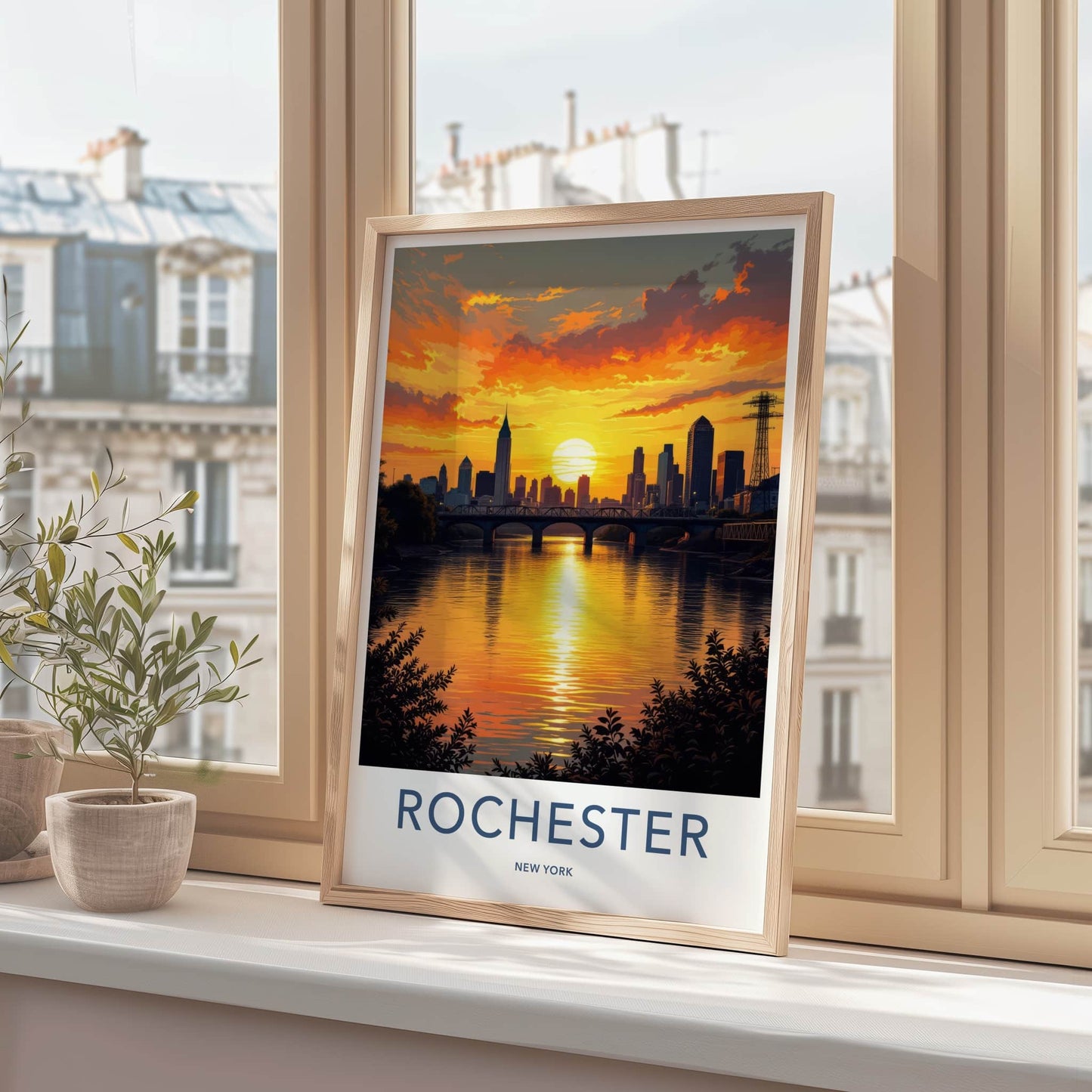 Rochester Poster - New York Travel Art - Golden River Sunset Home Decor