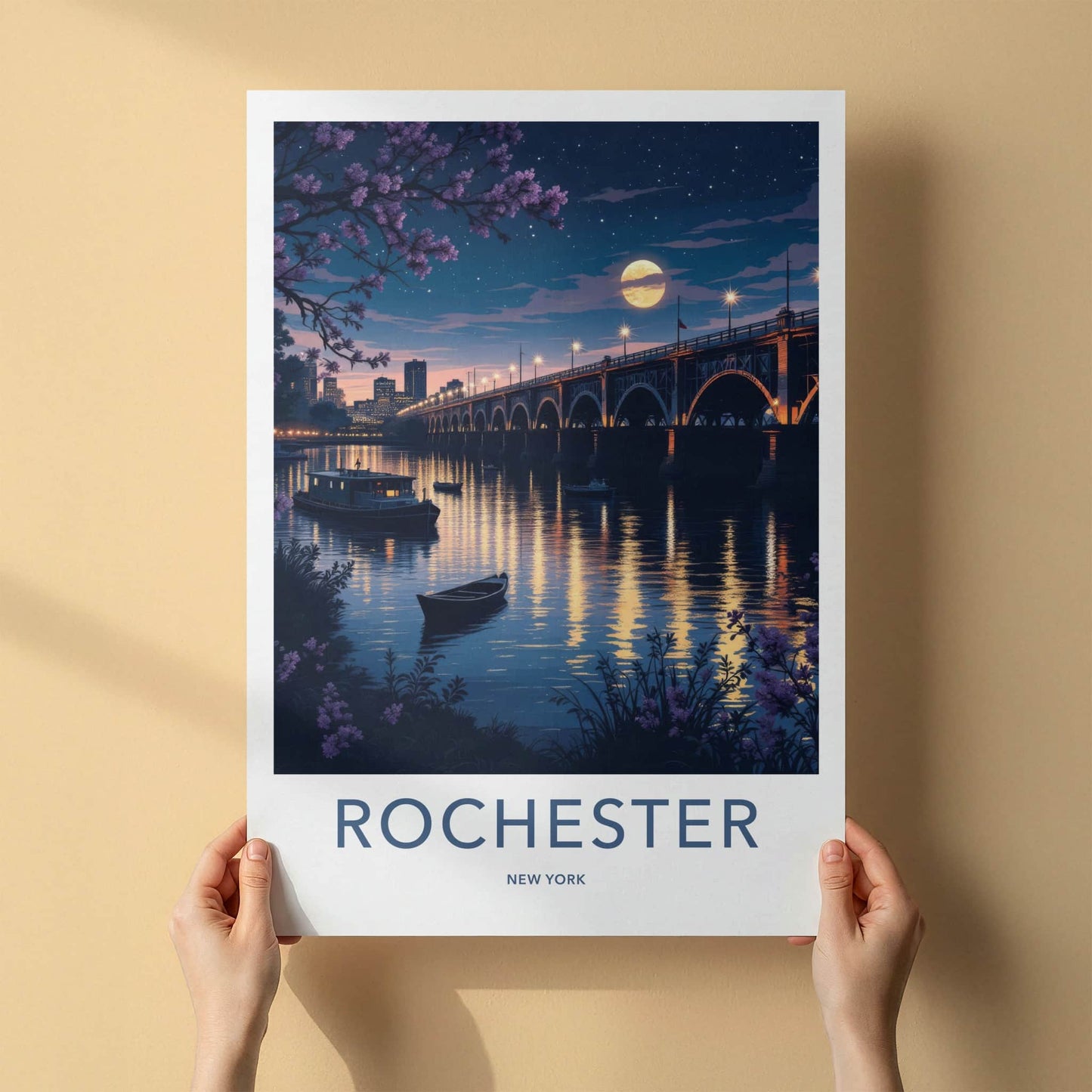 Rochester Poster - New York Travel Art - Moonlit City Bridge Home Decor